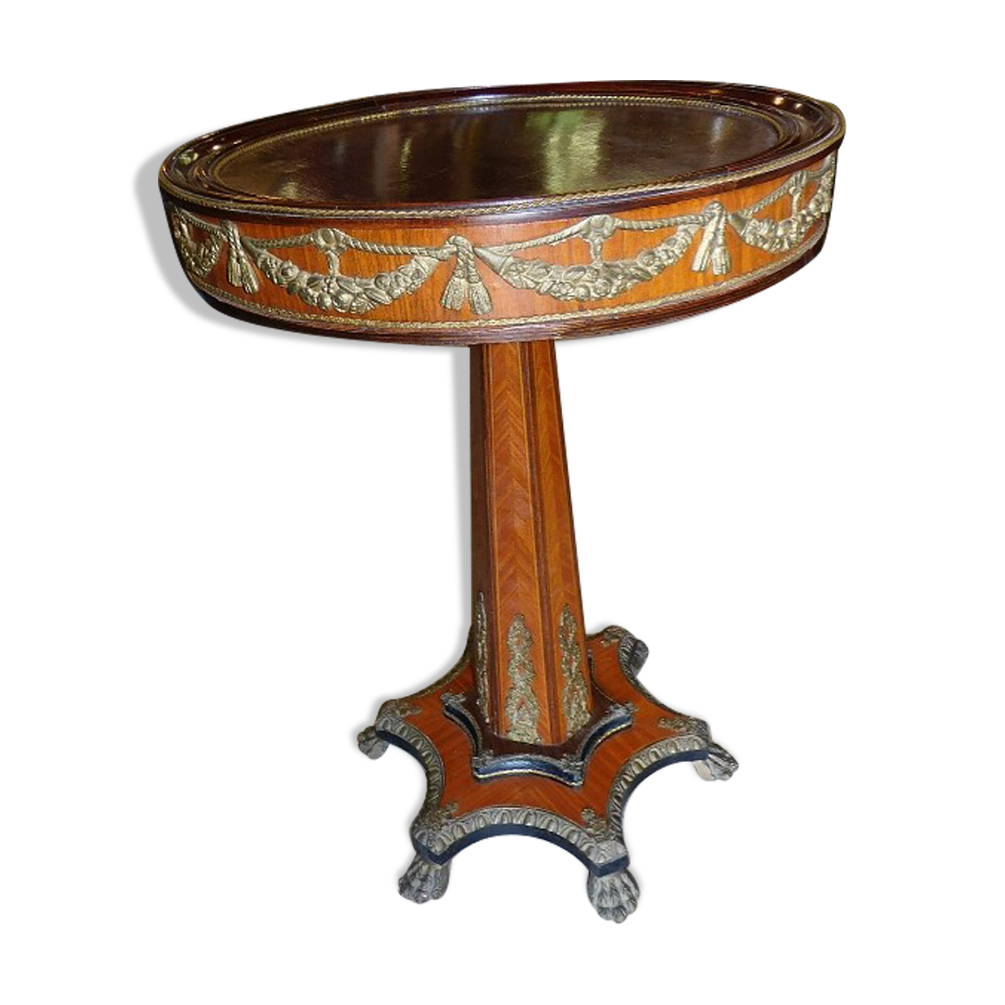 Gueridon marquetry and bronze central foot harness