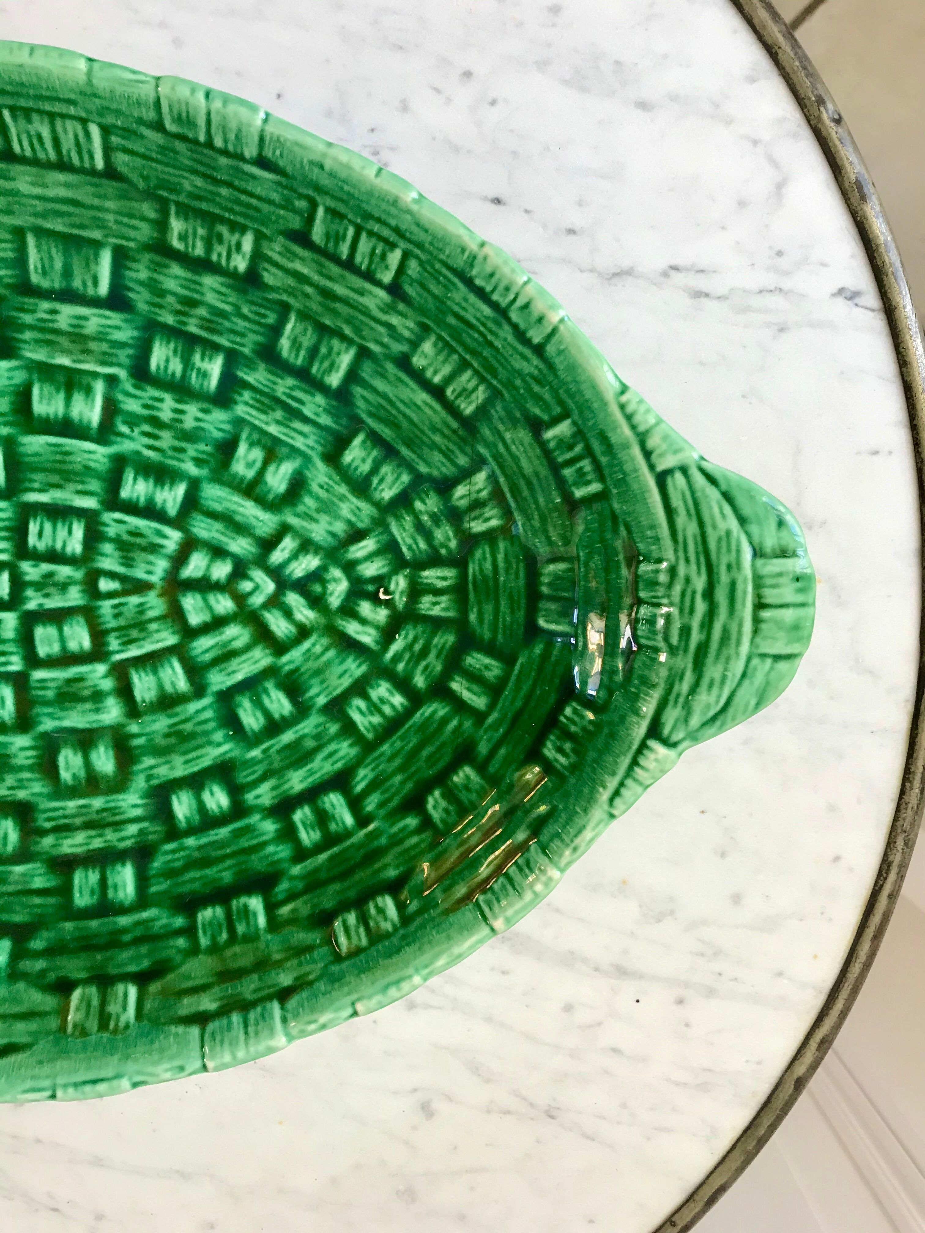 large bowl / dish in green Digoin slip, bamboo style, 50s-60s