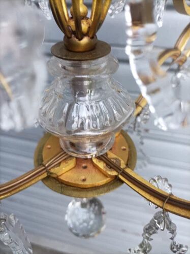 Rare antique cage chandelier in gilded bronze and crystal, 4 lights / WORKING CONDITION GAU?