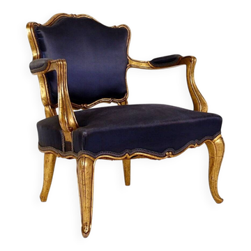 Fauteuils de style Louis XV avec garnissage en soie bleu marine d'origine