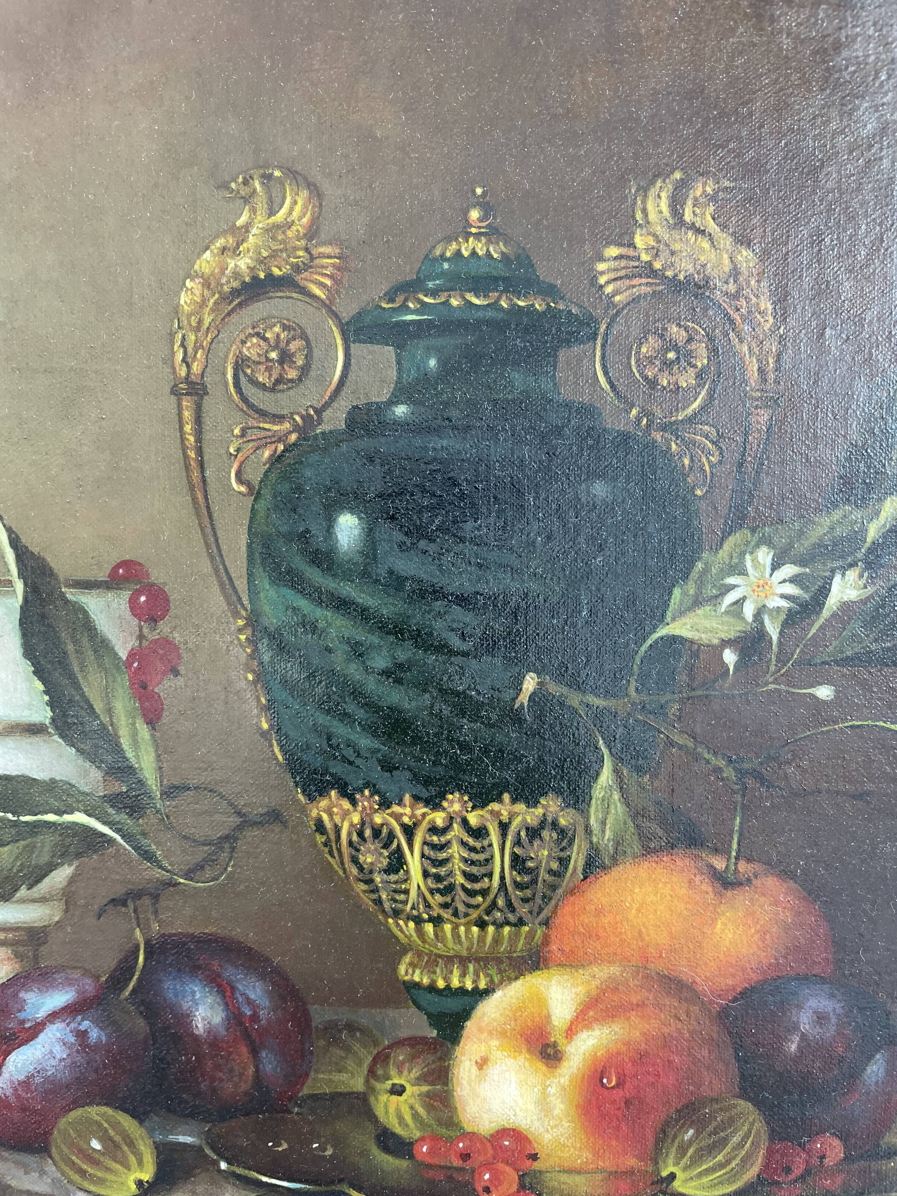 Oil painting, sergei smetanin, still life with marble vase, signed, gilded wood frame, russia