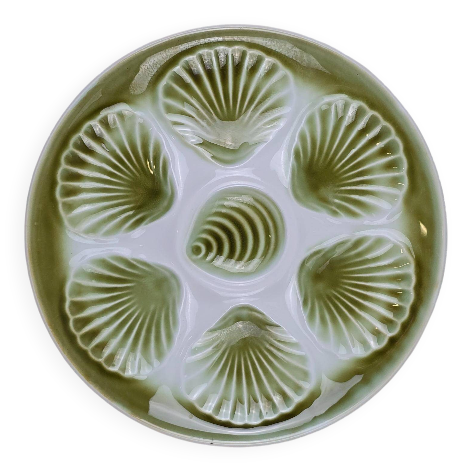Set of 6 Moulin des Loups oyster plates – vintage green earthenware
