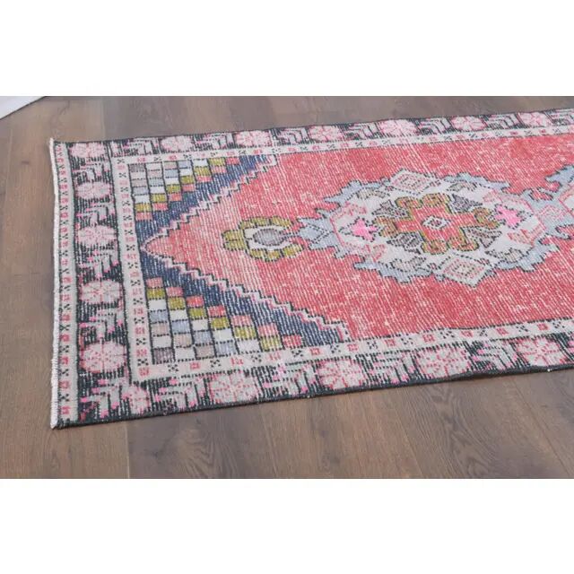Vintage Turkish Oushak Handmade Wool Cotton Pink Runner 88x273