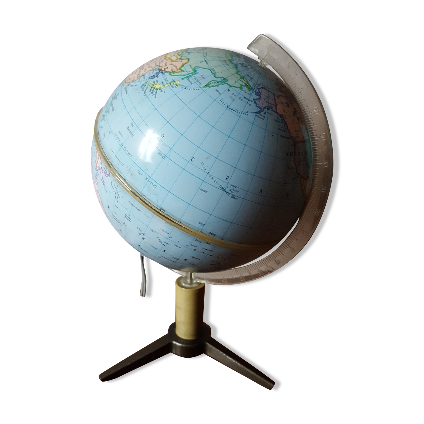 Bright vintage Earth globe brand Vulliermes with metal tripod foot