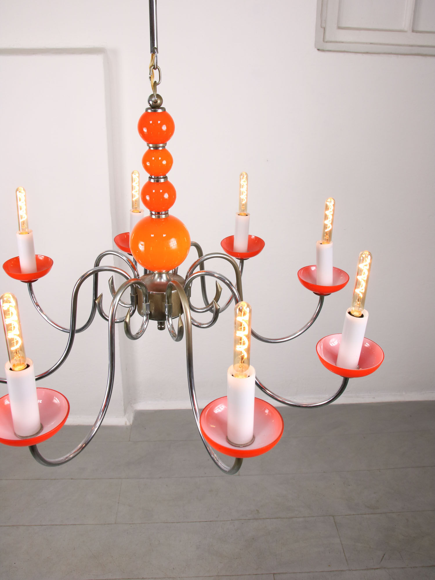 Lustre vintage orange Murano glass 8 bras