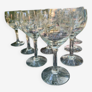 Series of 10 engraved crystal wine glasses