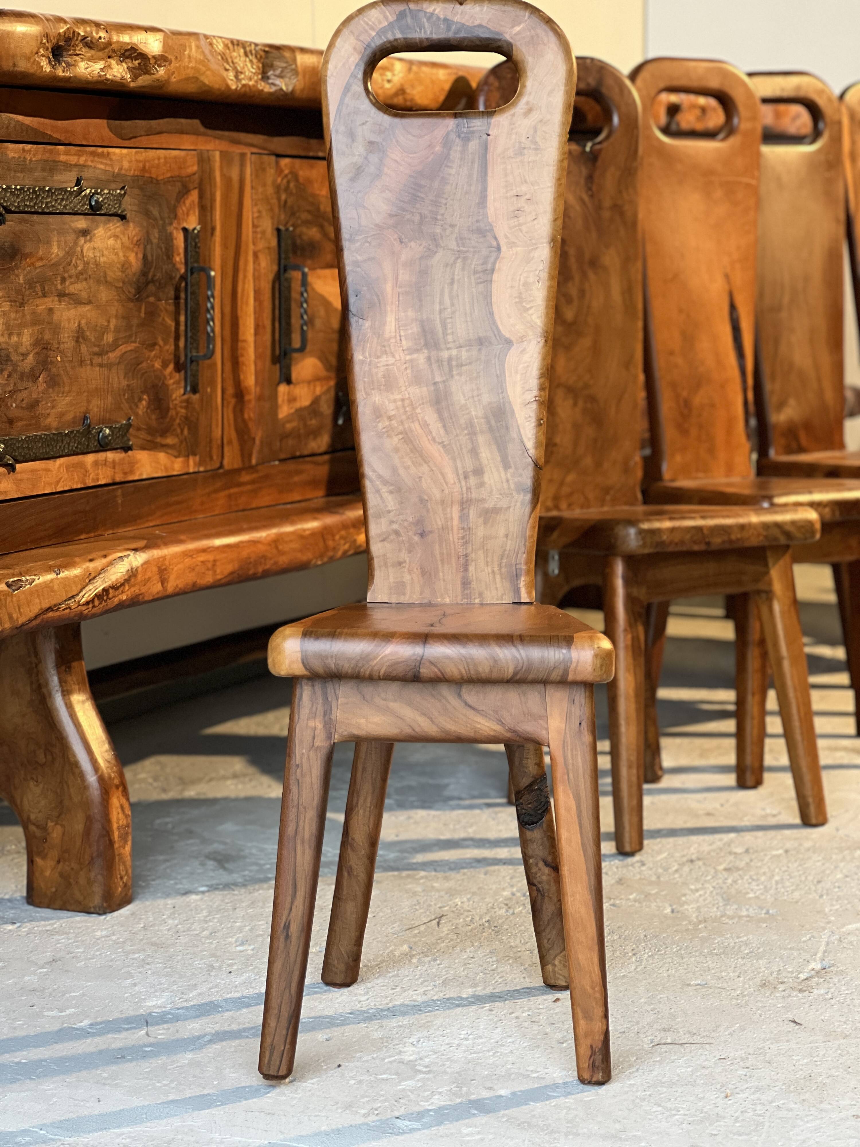 Sculptural high-back chairs in solid olive wood from the 1960s, set of 6.