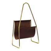 Carl Auböck II Midcentury magazine rack, brass and brown leather, vintage, Austria
