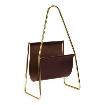 Carl Auböck II Midcentury magazine rack, brass and brown leather, vintage, Austria