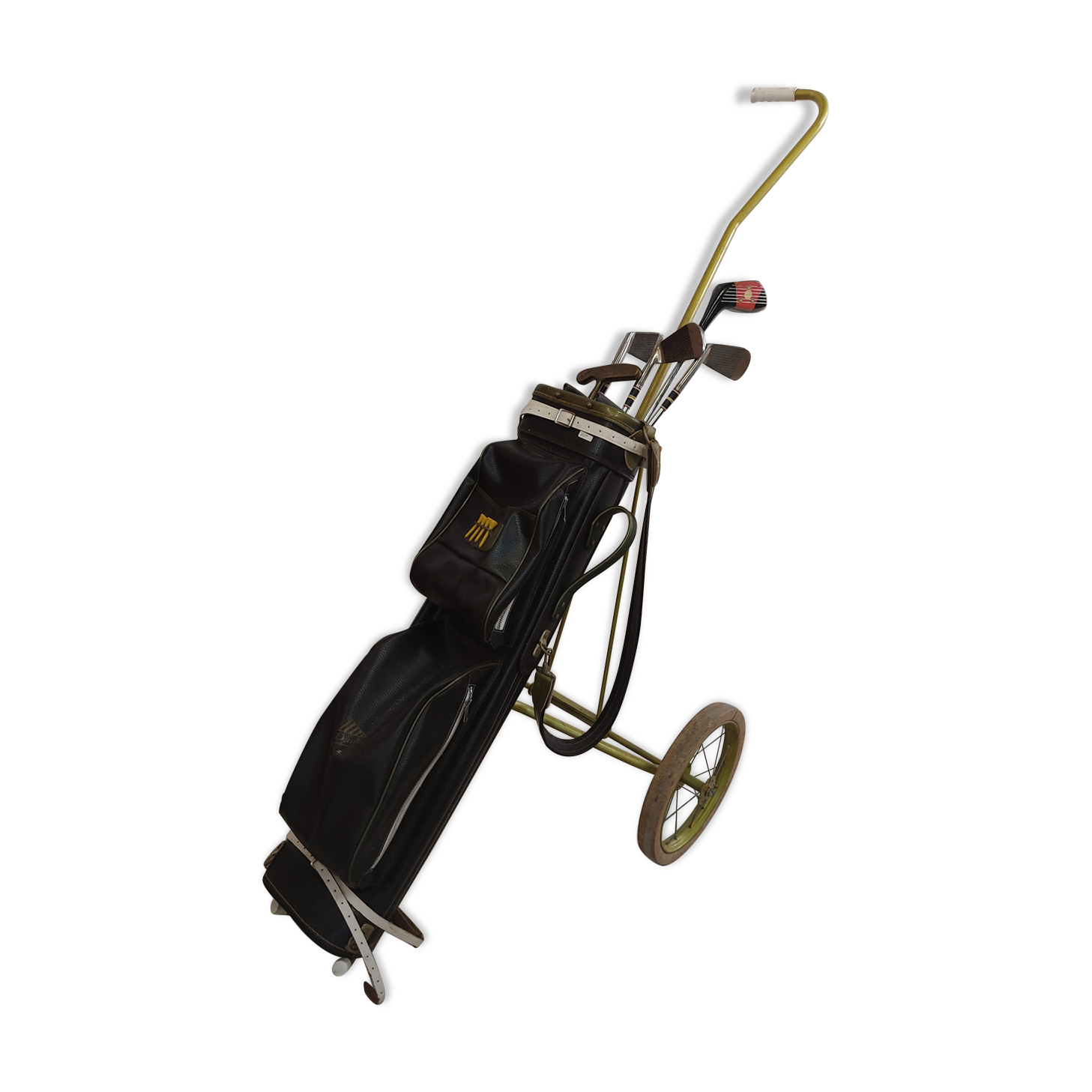 Chariot, sac et clubs de golf vintage