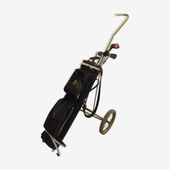 Chariot, sac et clubs de golf vintage