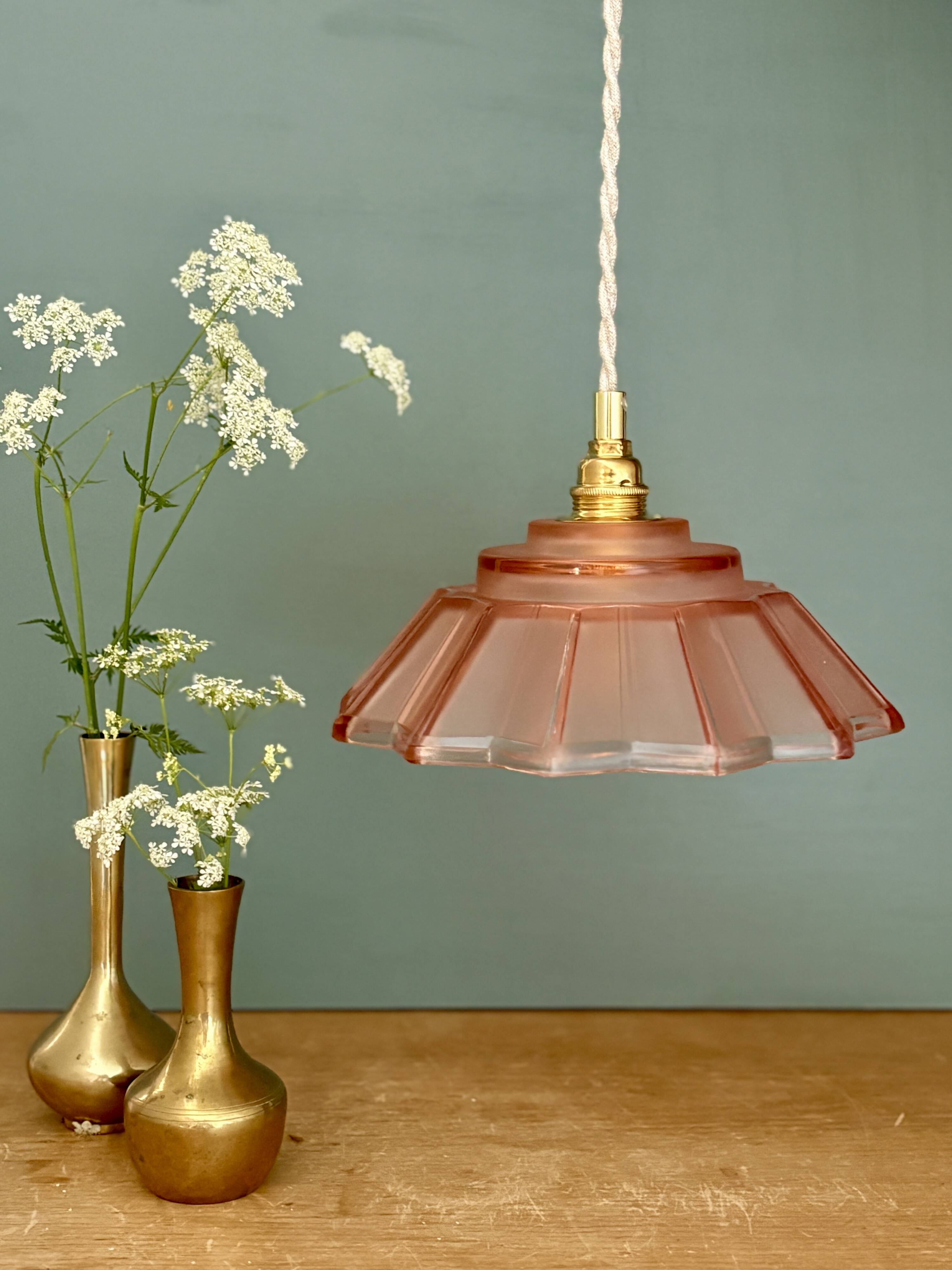 suspension vintage art deco lampshade in frosted pink glass