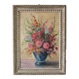 Peinture ancienne huile sur bois bouquet de fleurs encadrée, signée Paul Fenon, daté de 1940