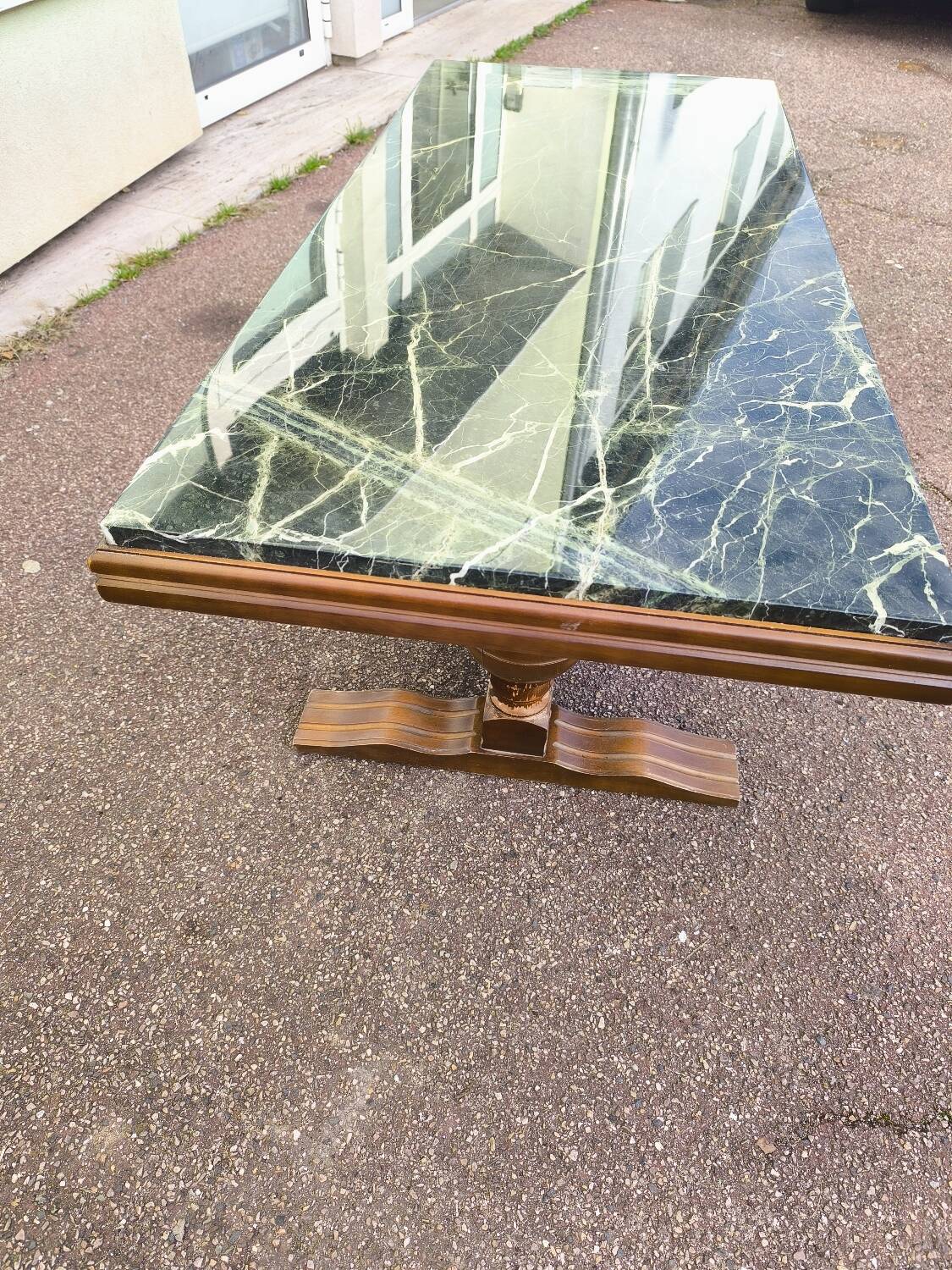 Wood and green marble coffee table