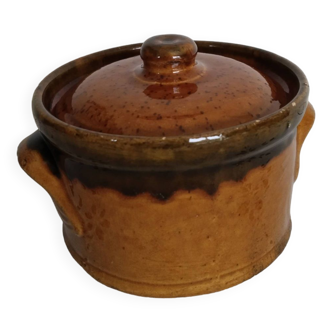 Round terrine in vintage stoneware, glazed earthenware cooking dish
