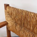Set of 2 vintage brutalist armchairs in oak wood and straw