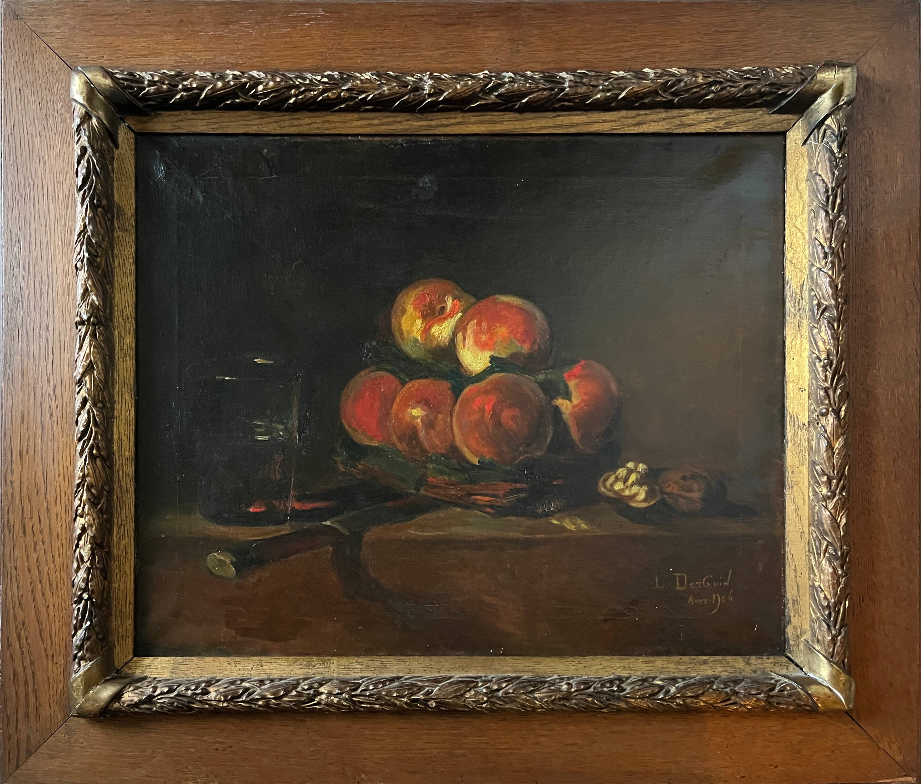 Tableau HST "Nature morte aux pêches" L. DesGuin 1907