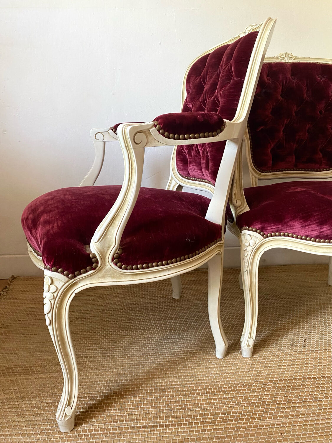 Pair of Louis XV style upholstered velvet armchairs