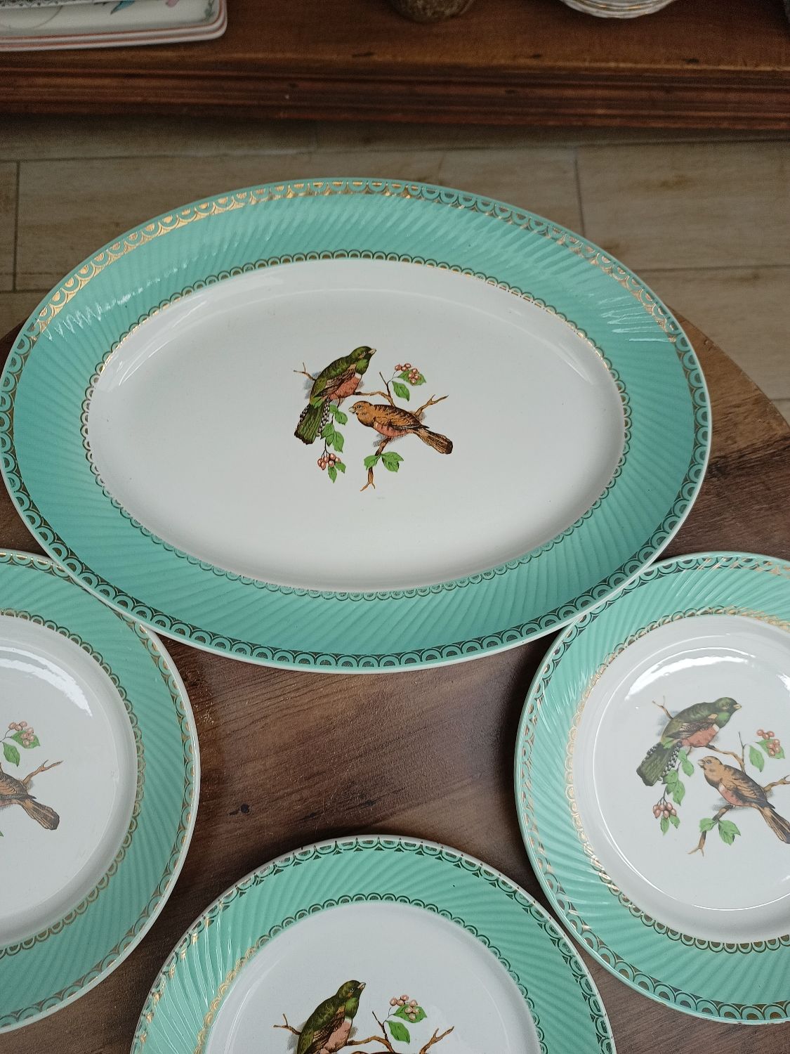 Lot 1 large oval dish and 3 bird plates Green background