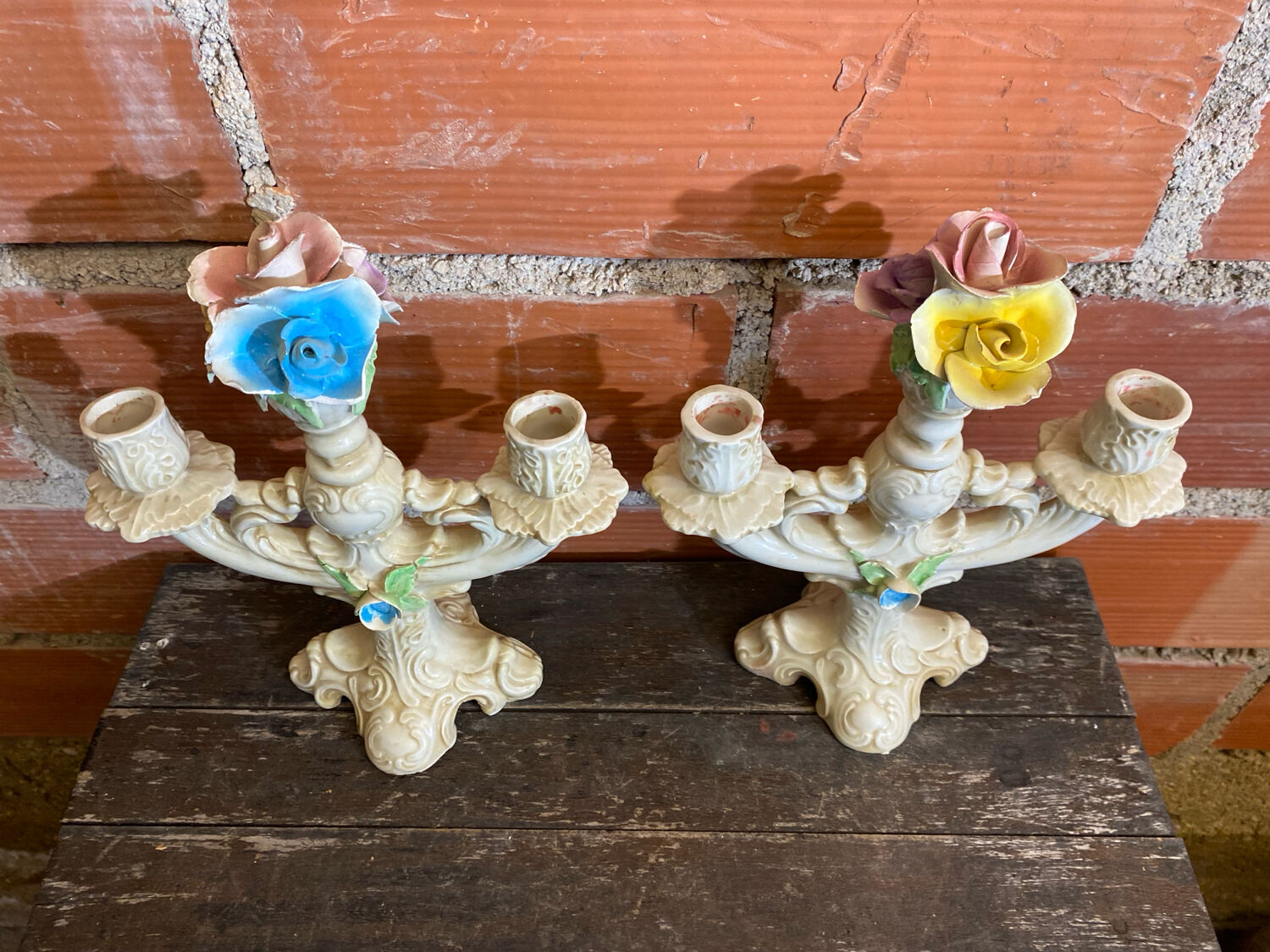 Pair of Double Candelabra Candle Holders CAPODIMONTE Polychrome Ceramic