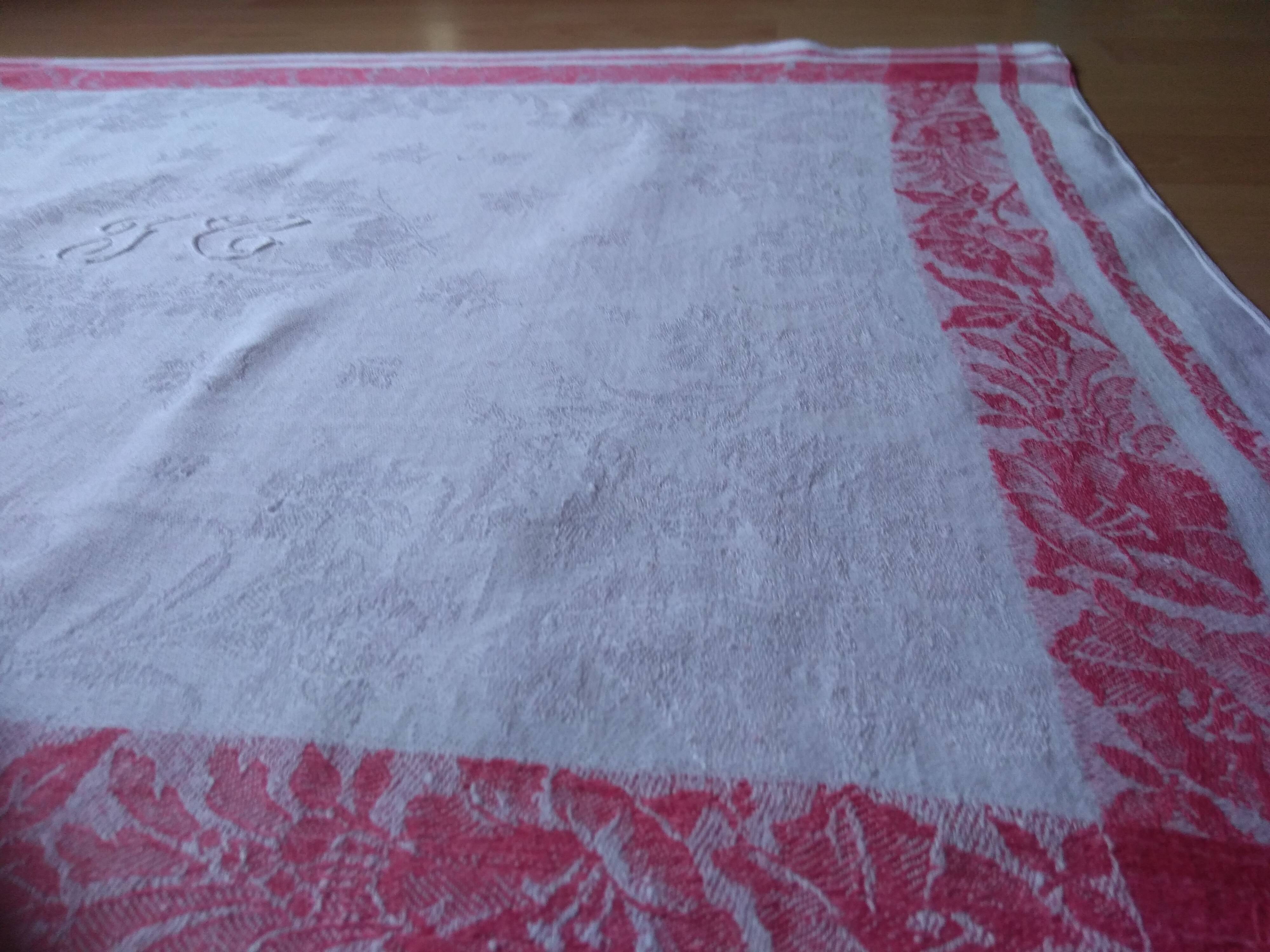 12 Ancient towel embroidered monogrammed JC floral red litter Napoleon III