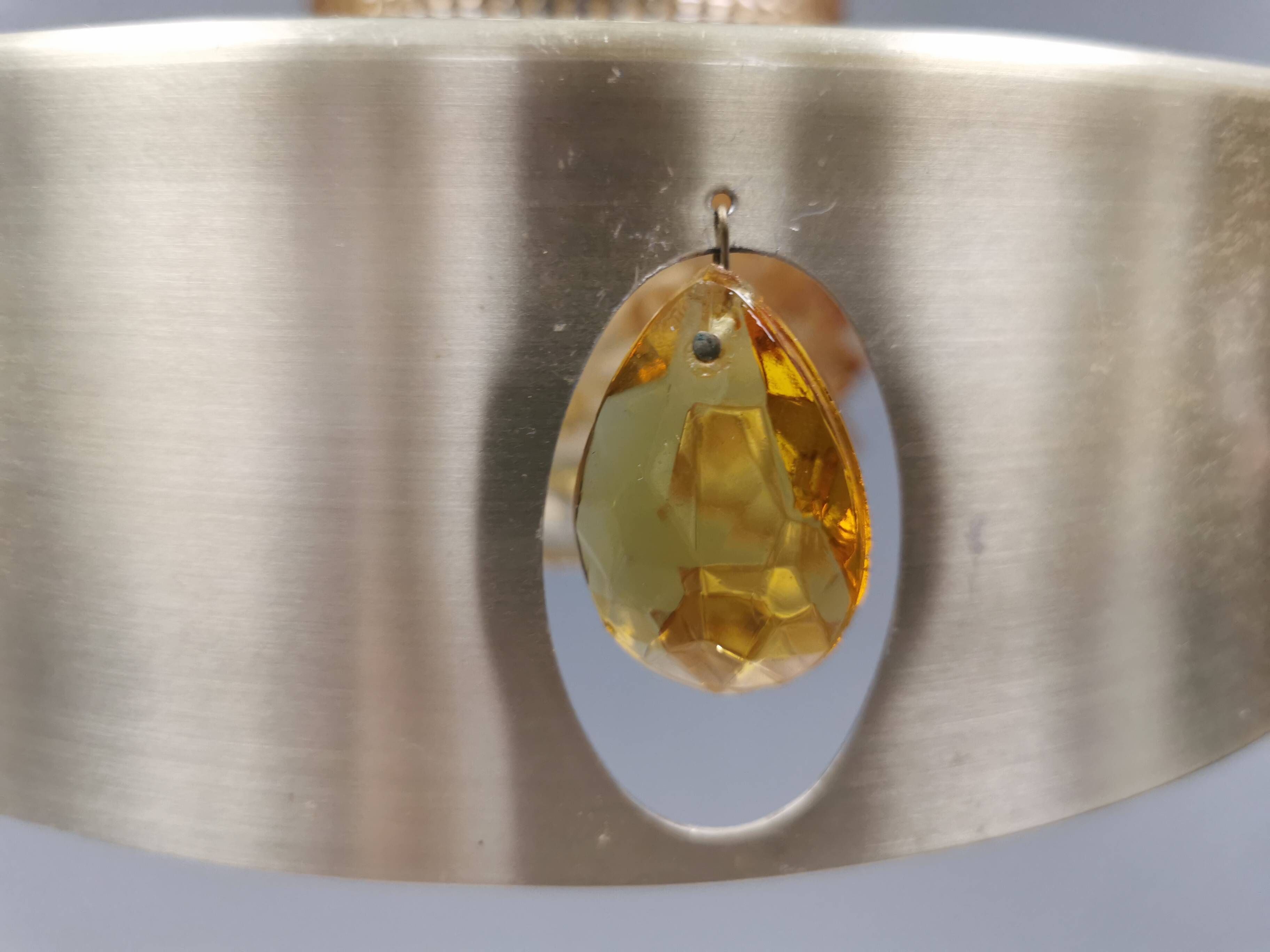 Danish hanging lamp made of glass, metal and with amber colored prisms
