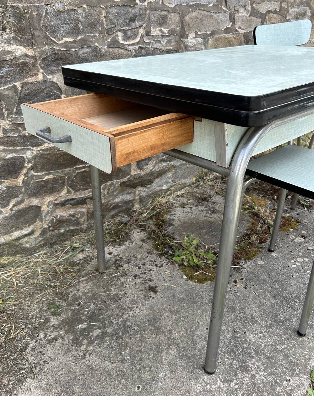 JPP pale green formica table, 4 chairs, 1 stool, 1950s