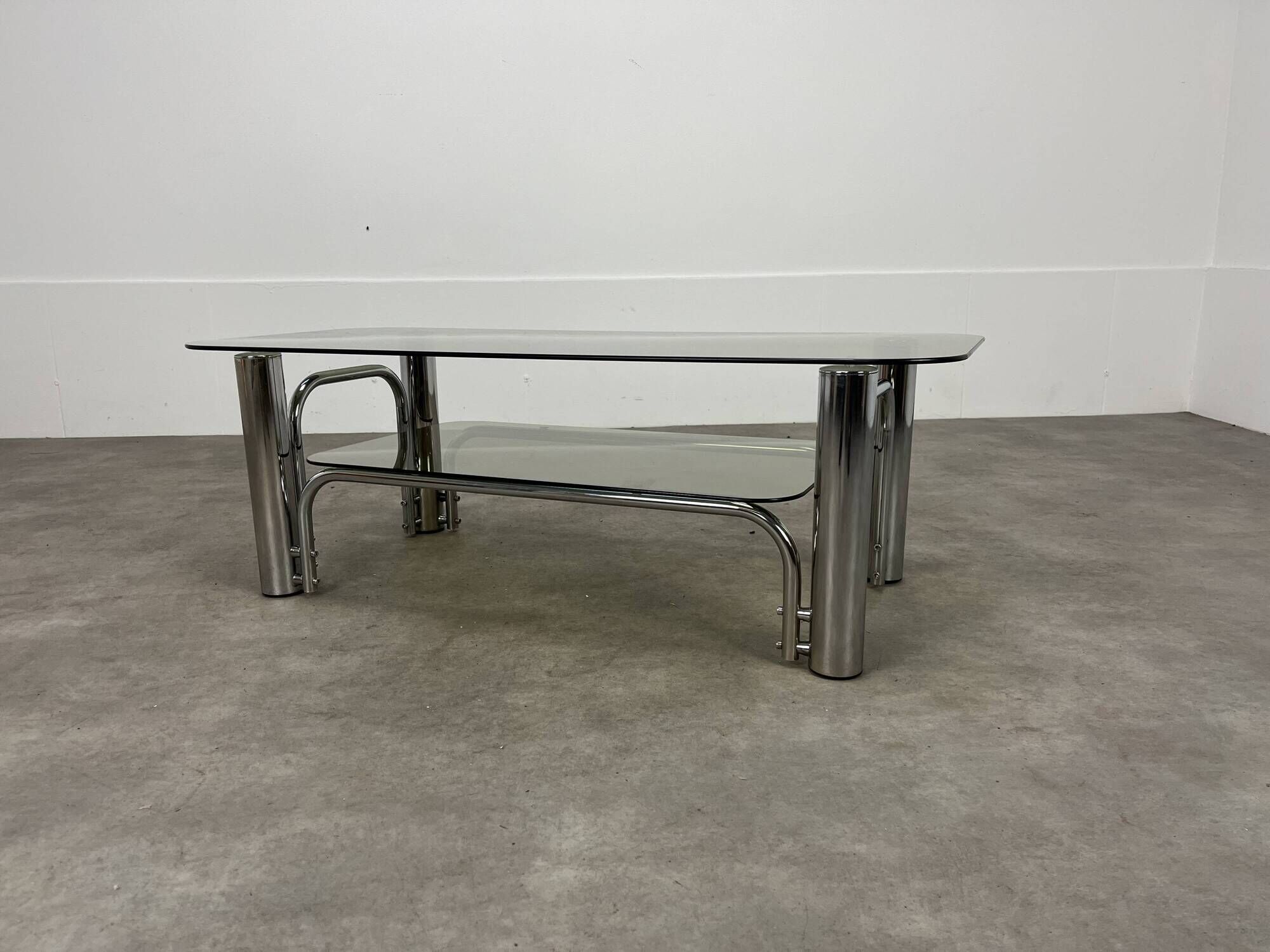Chrome metal and smoked glass coffee table, 70s