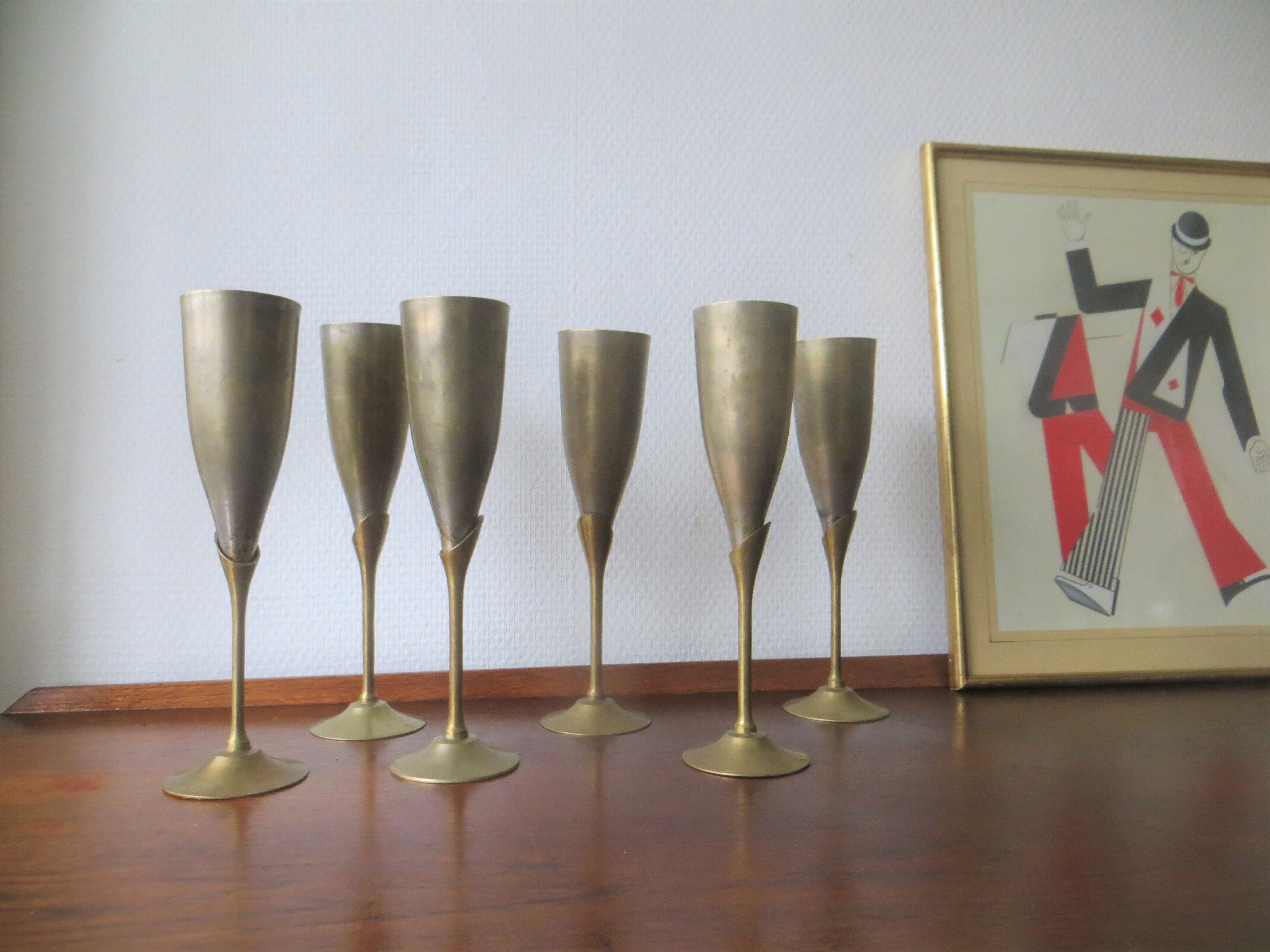6 vintage metal Champagne flutes