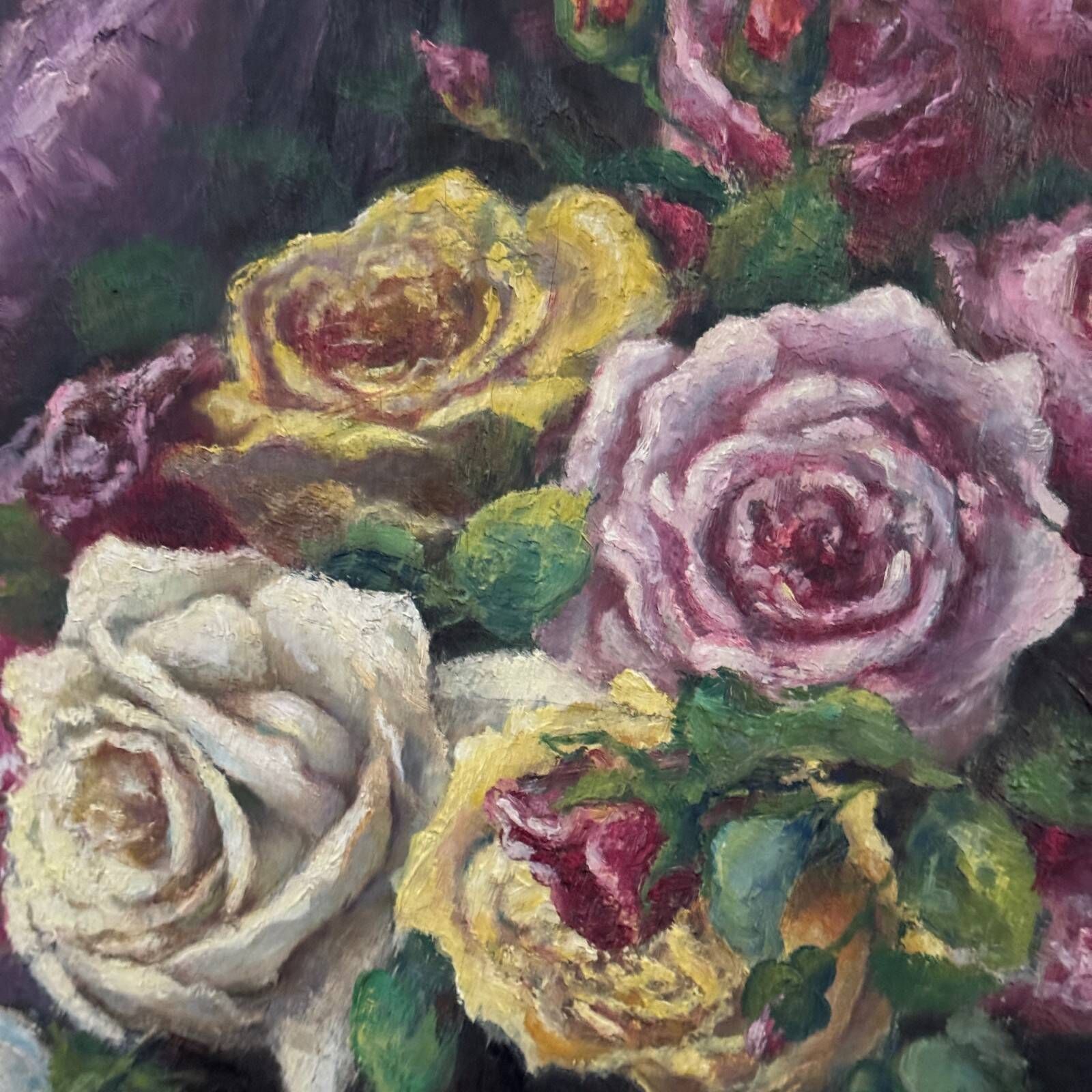 Oil on canvas bouquet of roses and drapery 20th century by R. Roque cerused frame