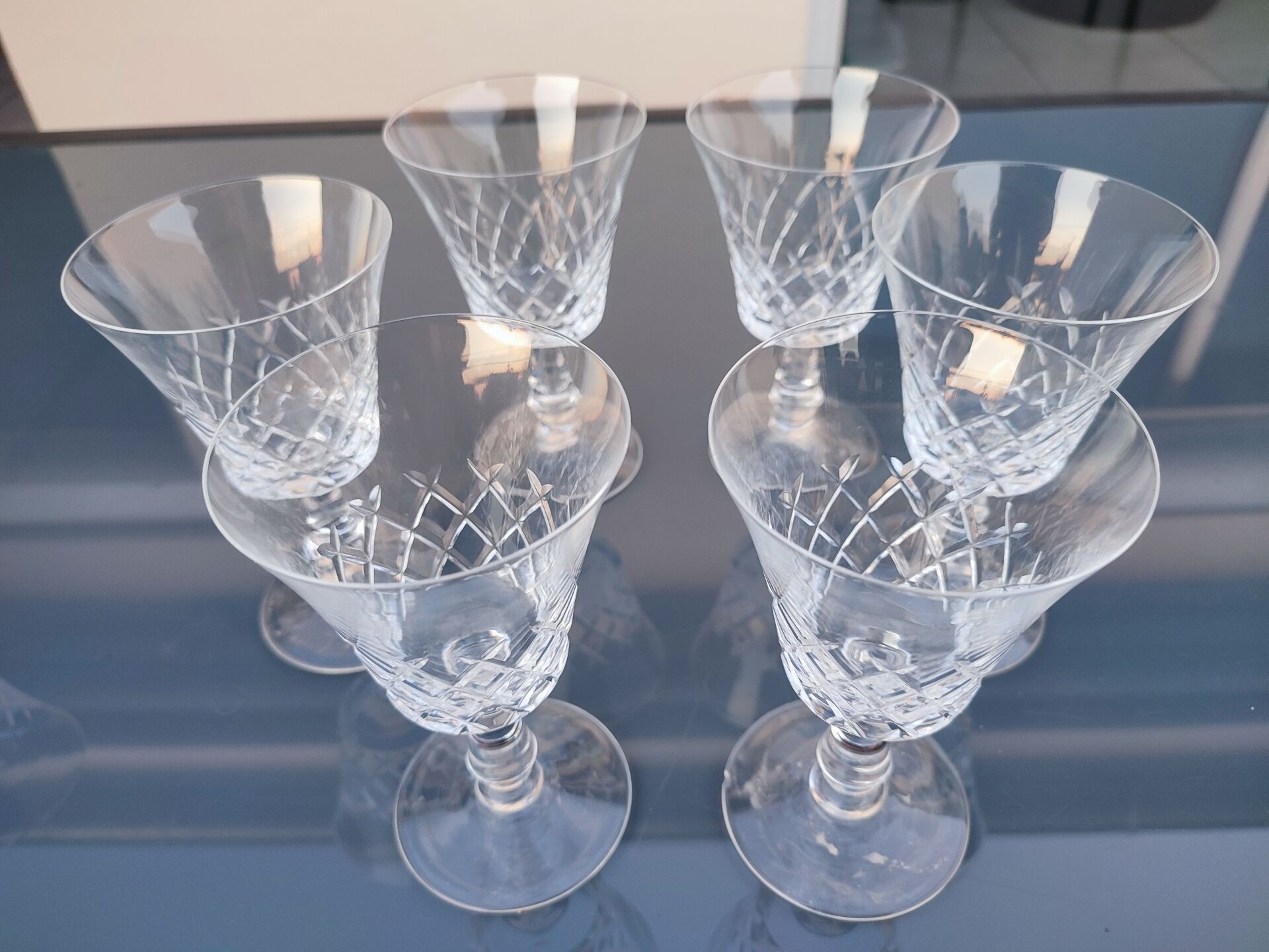 6 large cut crystal water glasses in the style of Cristalline de Lorraine.
