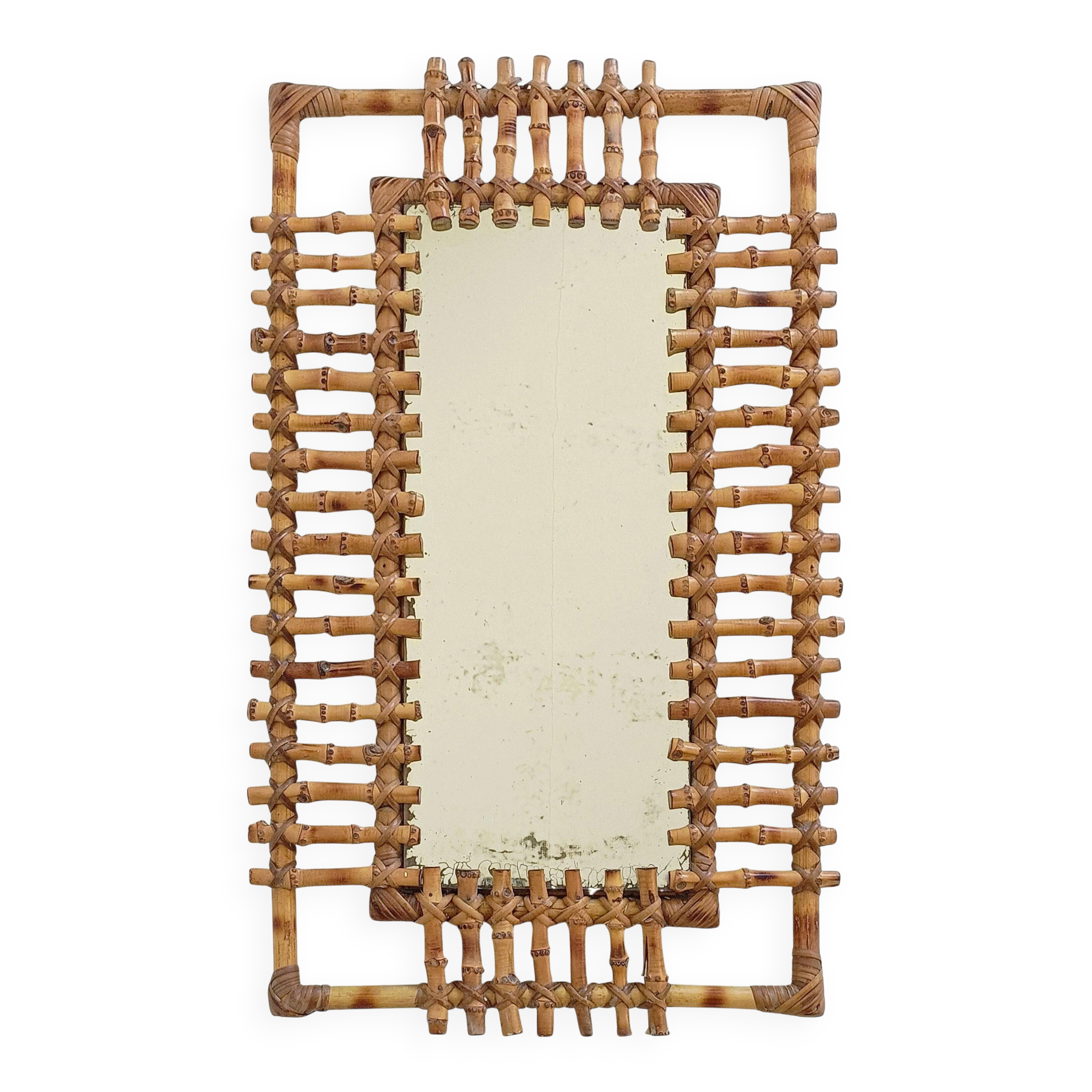 Mid-Century Bamboo & Rattan Mirror With Patina, French Riviera Style, 1950s