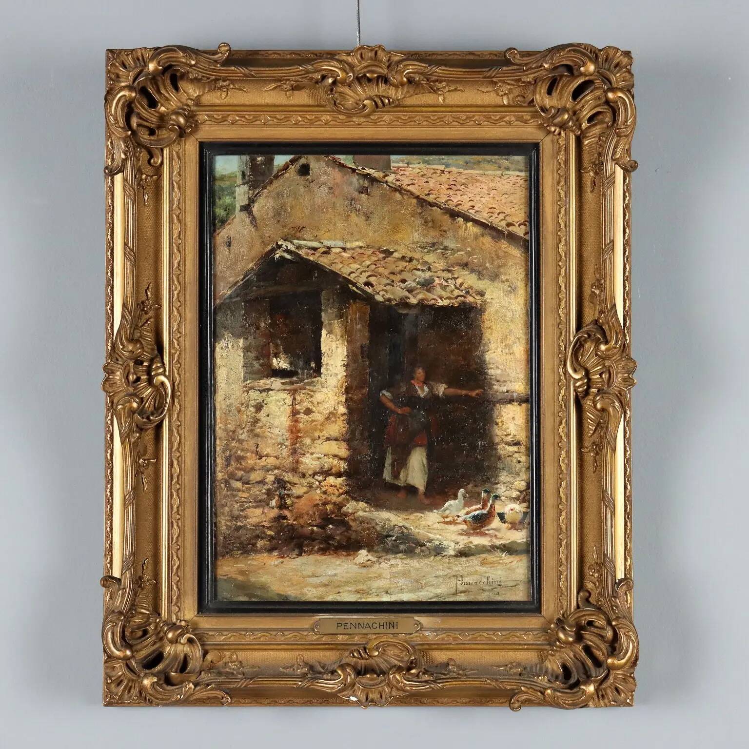 Old painting signed Domenico Pennacchini, oil on hard panel from the 19th century.