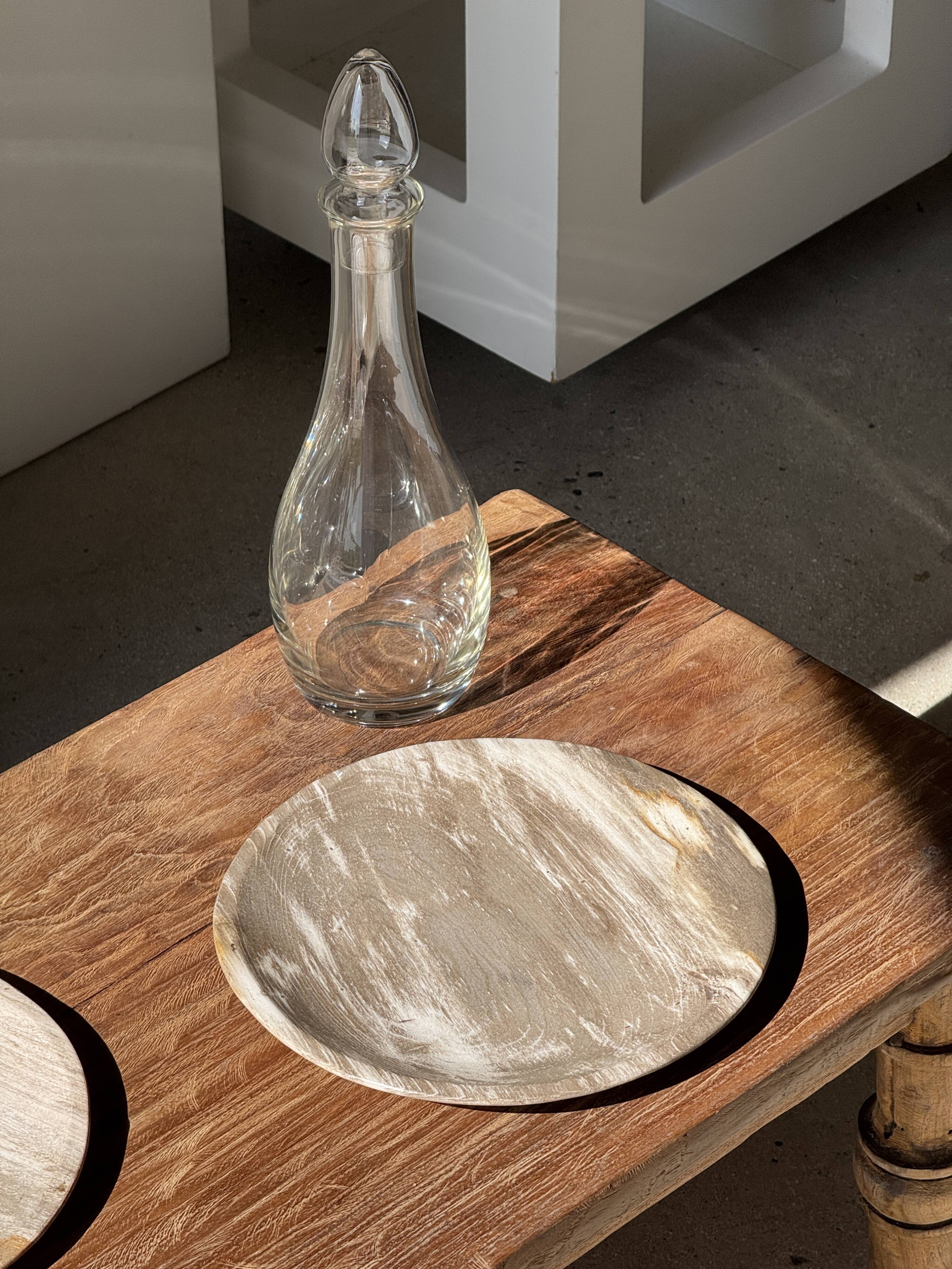 Petrified wood vide poche, circular dish or plate in light beige D25.