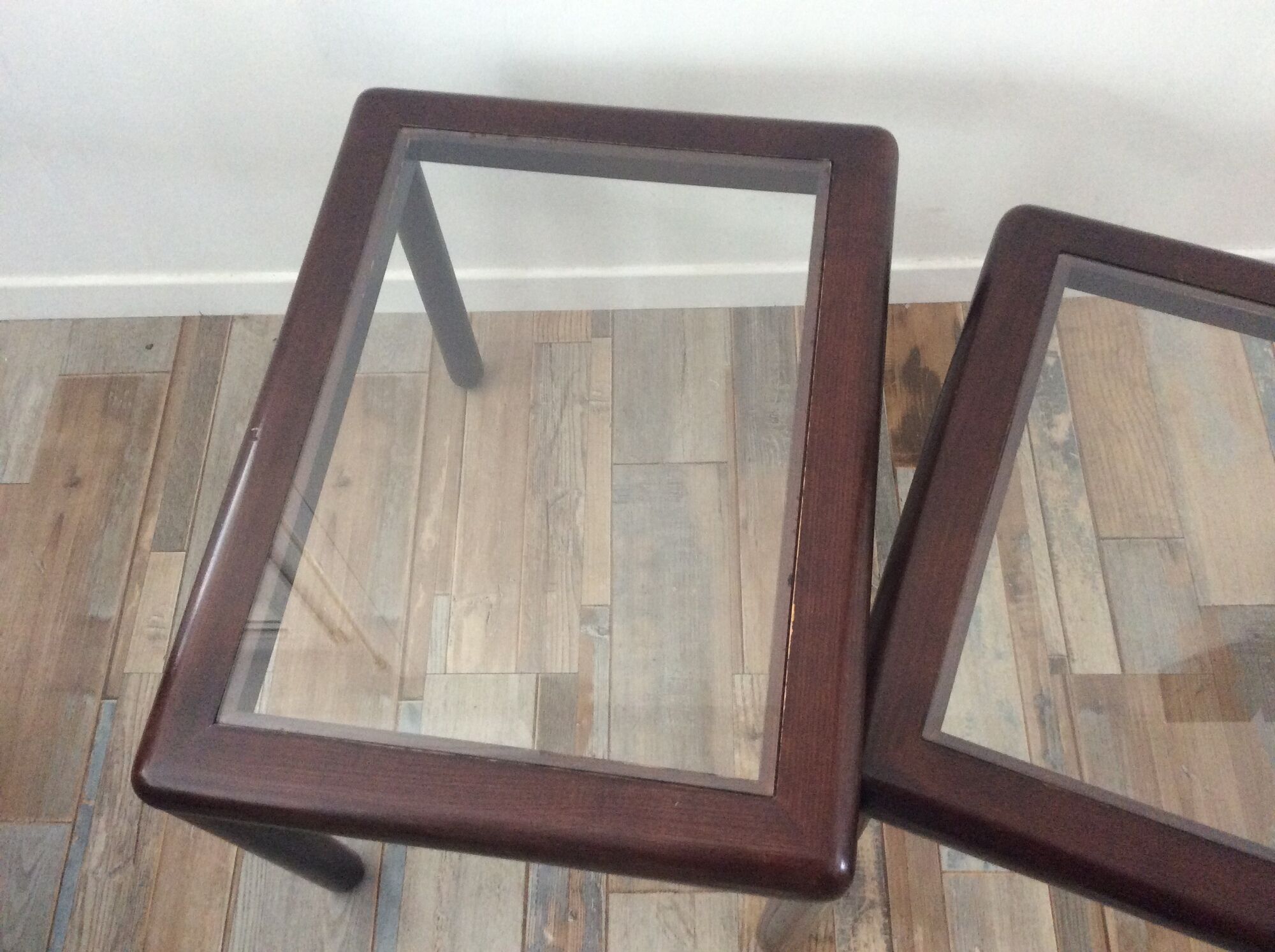 Series of 3 wooden and glass tables from the 70s