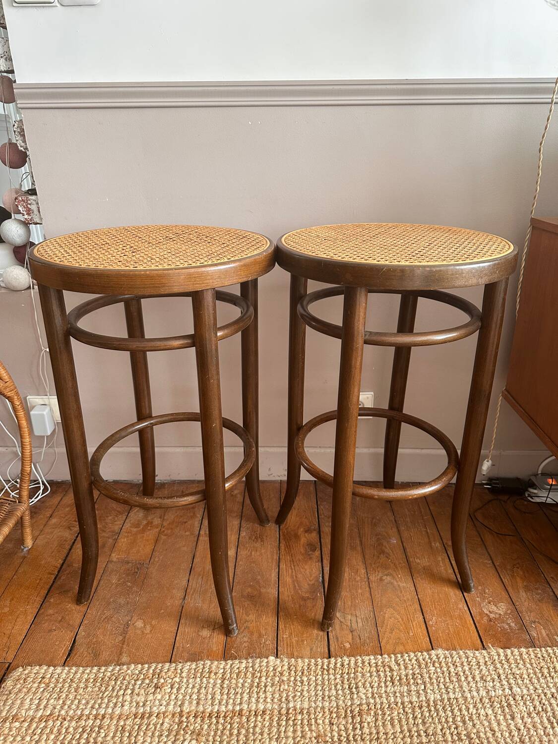 Wooden and cane bistro bar stools