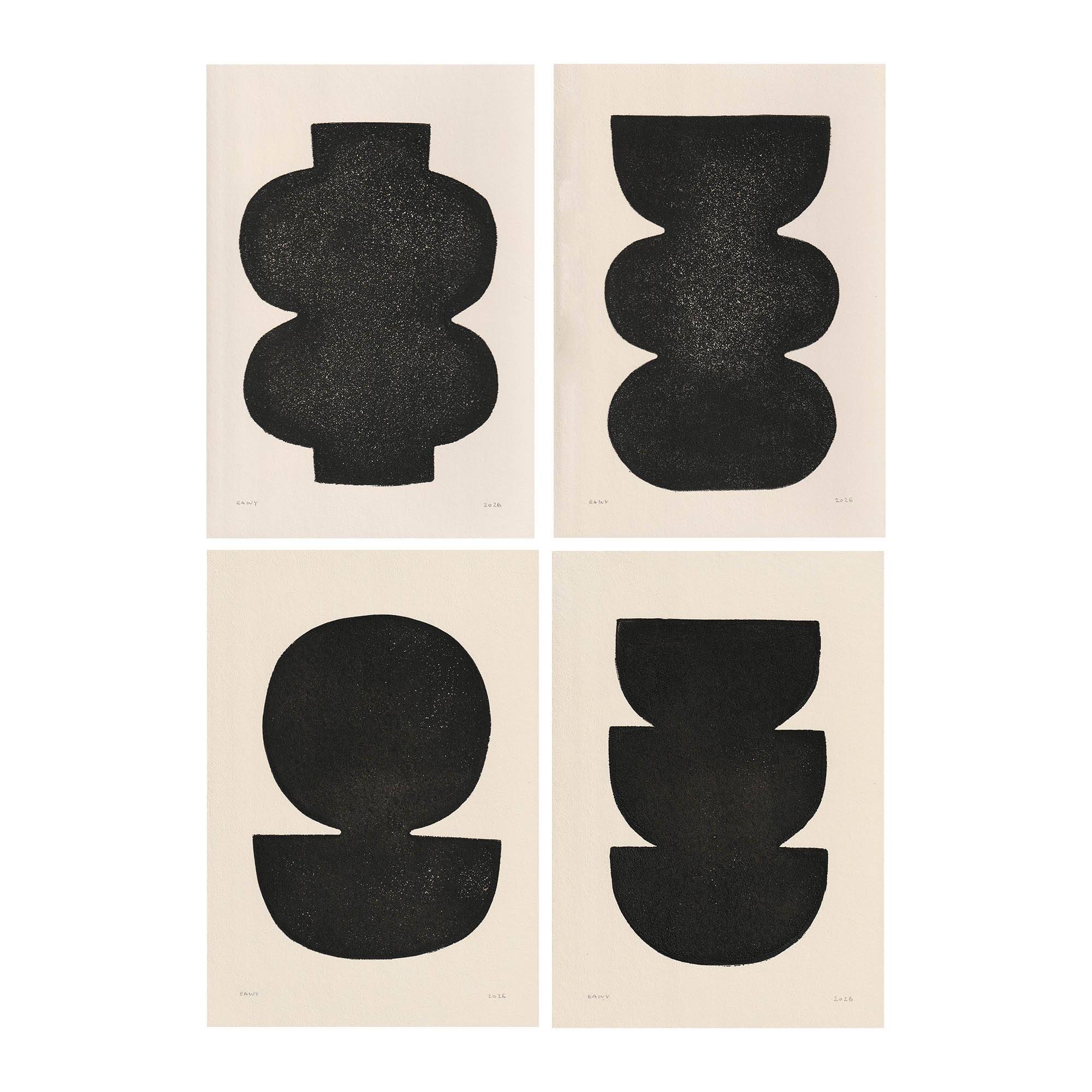 Collection of 4 black abstract paintings signed Eawy.