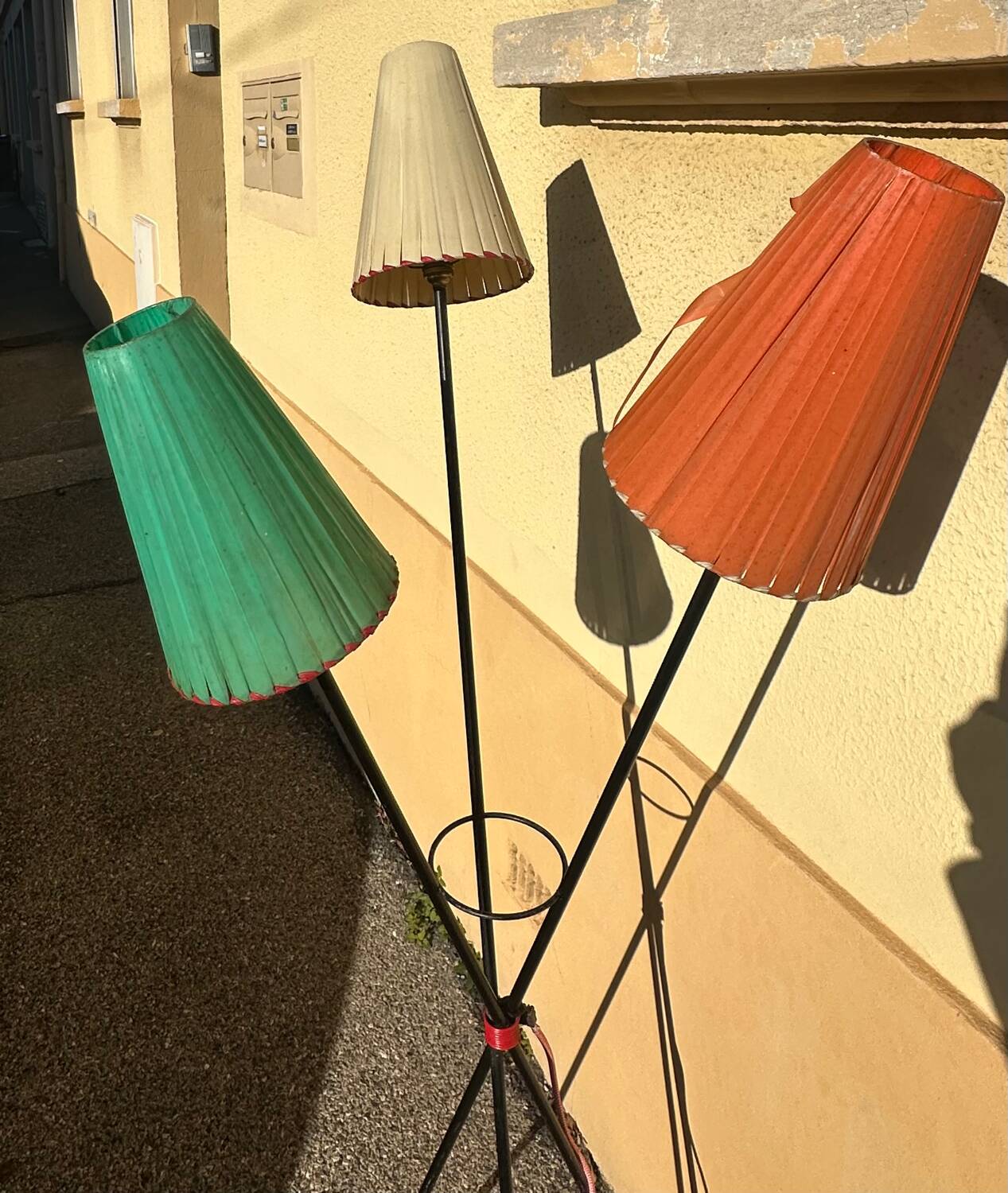 1950s metal tripod floor lamp, completely original