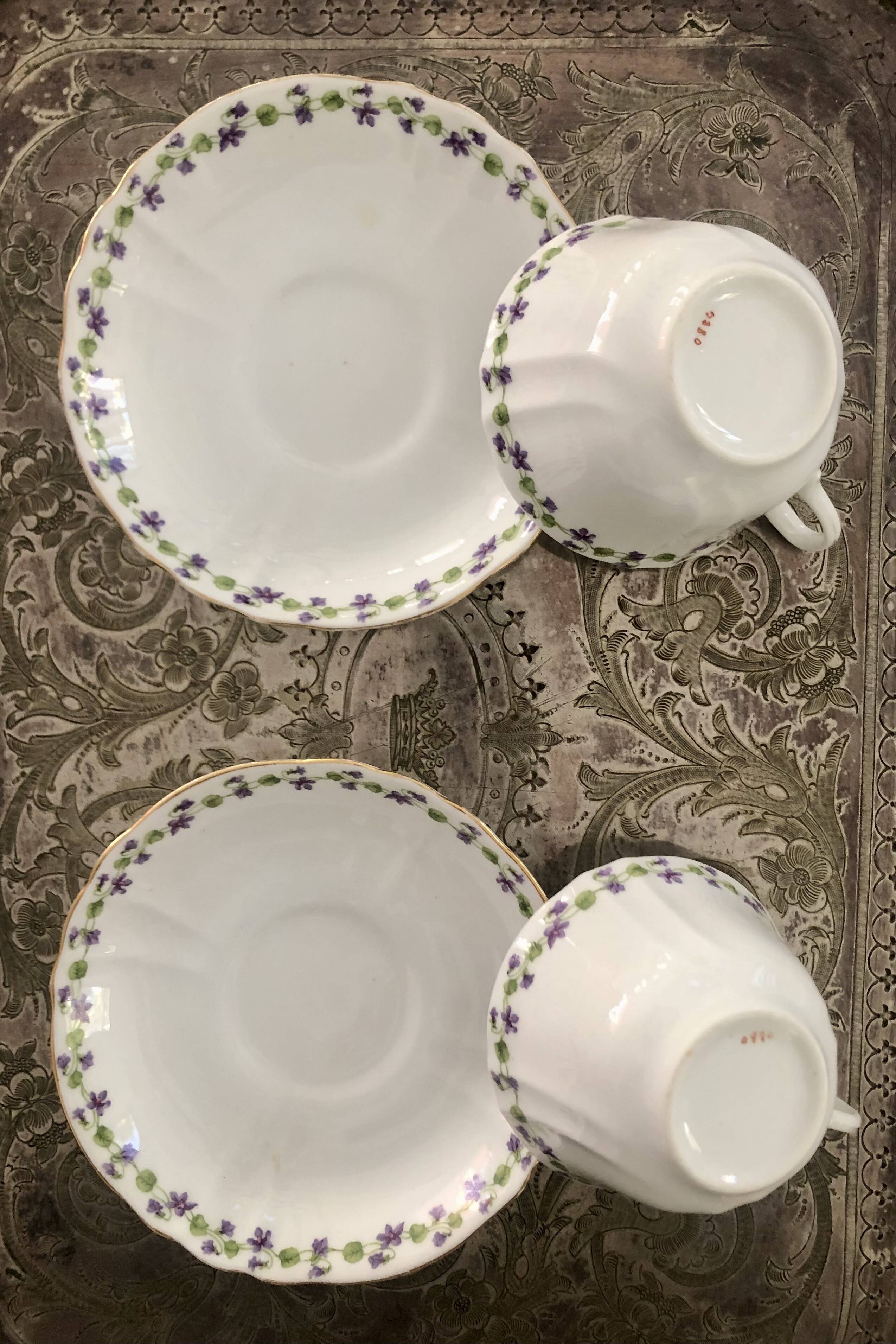 Duo of cup and saucer adderleys england bone china purple décor