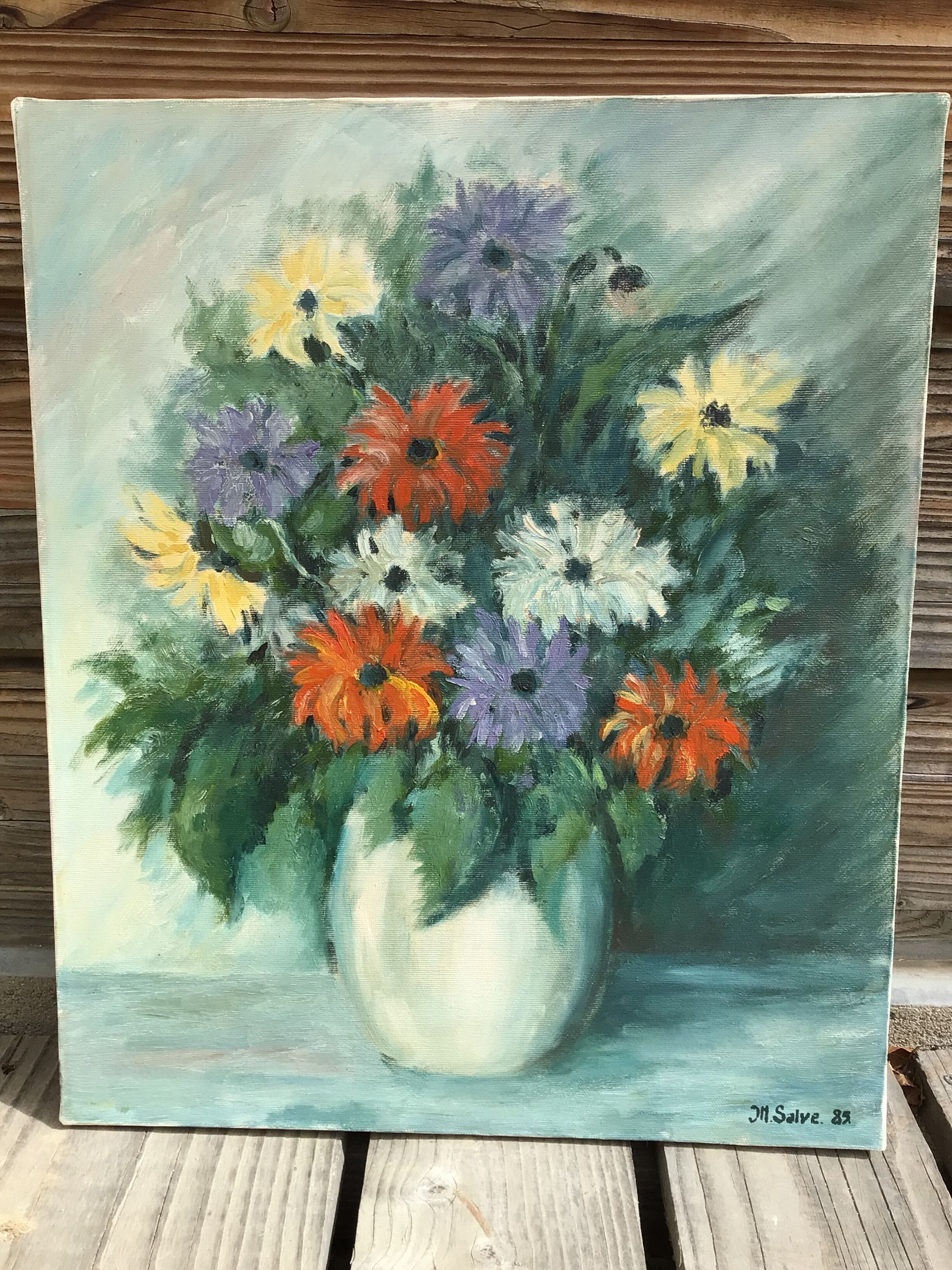 Oil bouquet table signed JM. Salve 1985