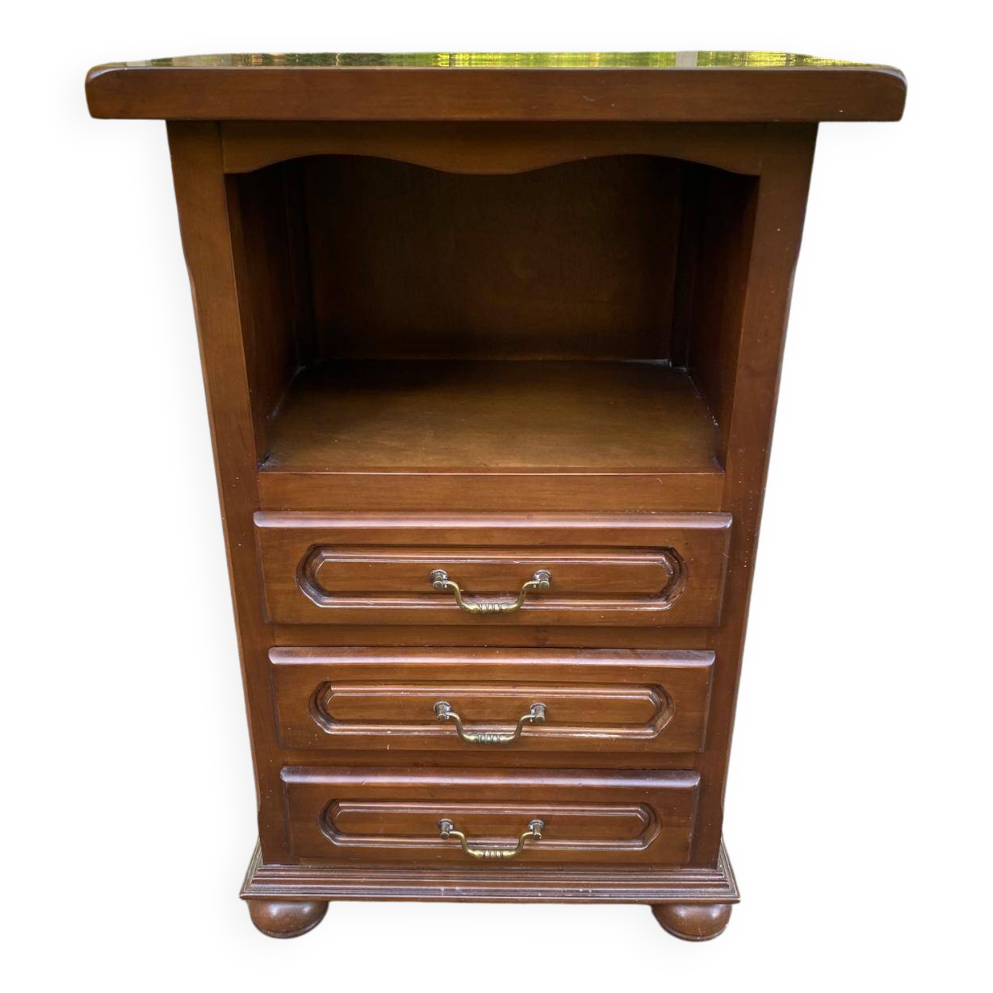 Side table with 3 drawers in solid wood, tall bedside table.