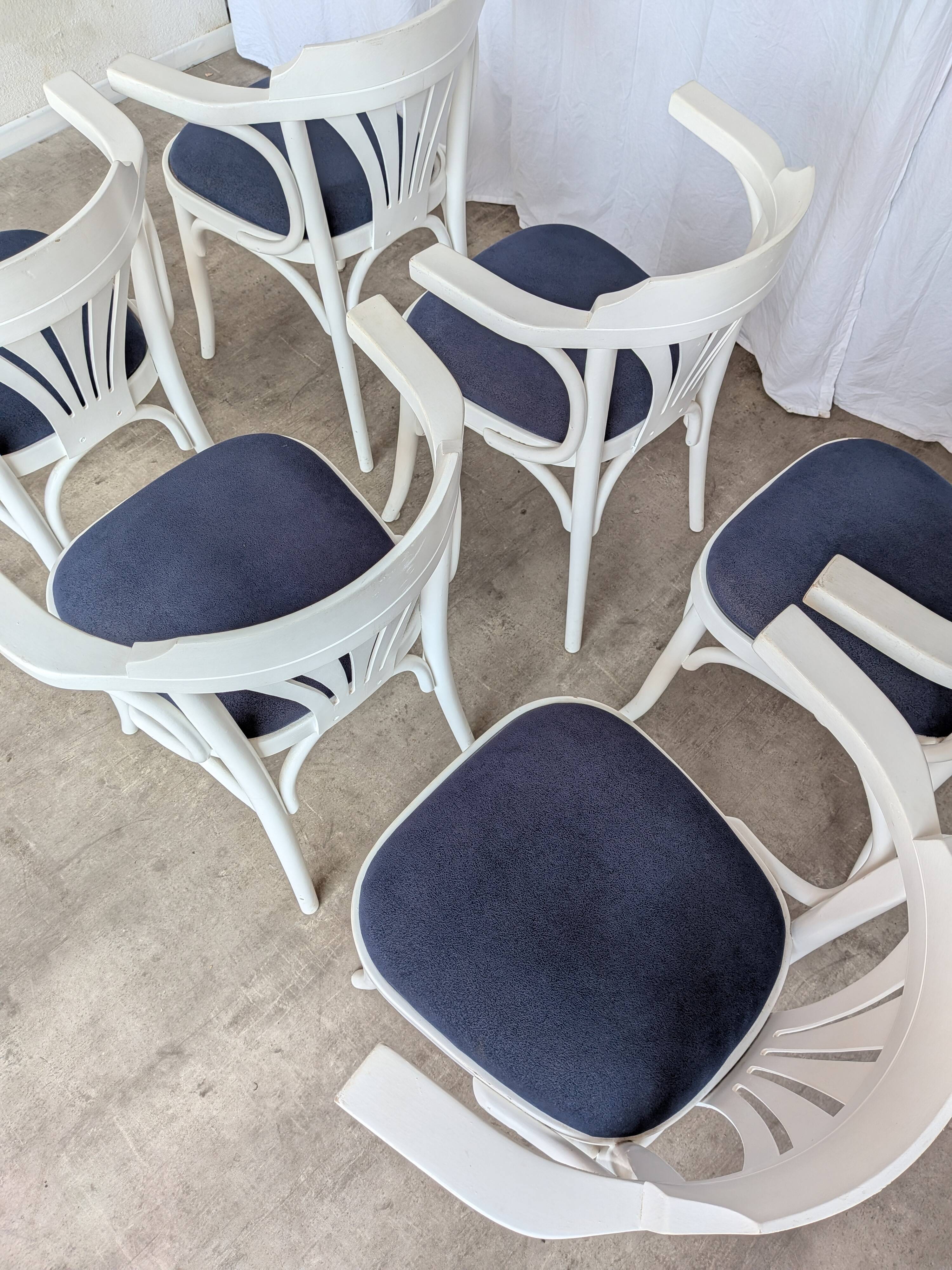 Ensemble de 6 chaises de salle à manger vintage en bois courbé blanc / fauteuil de style Thonet des années 1970