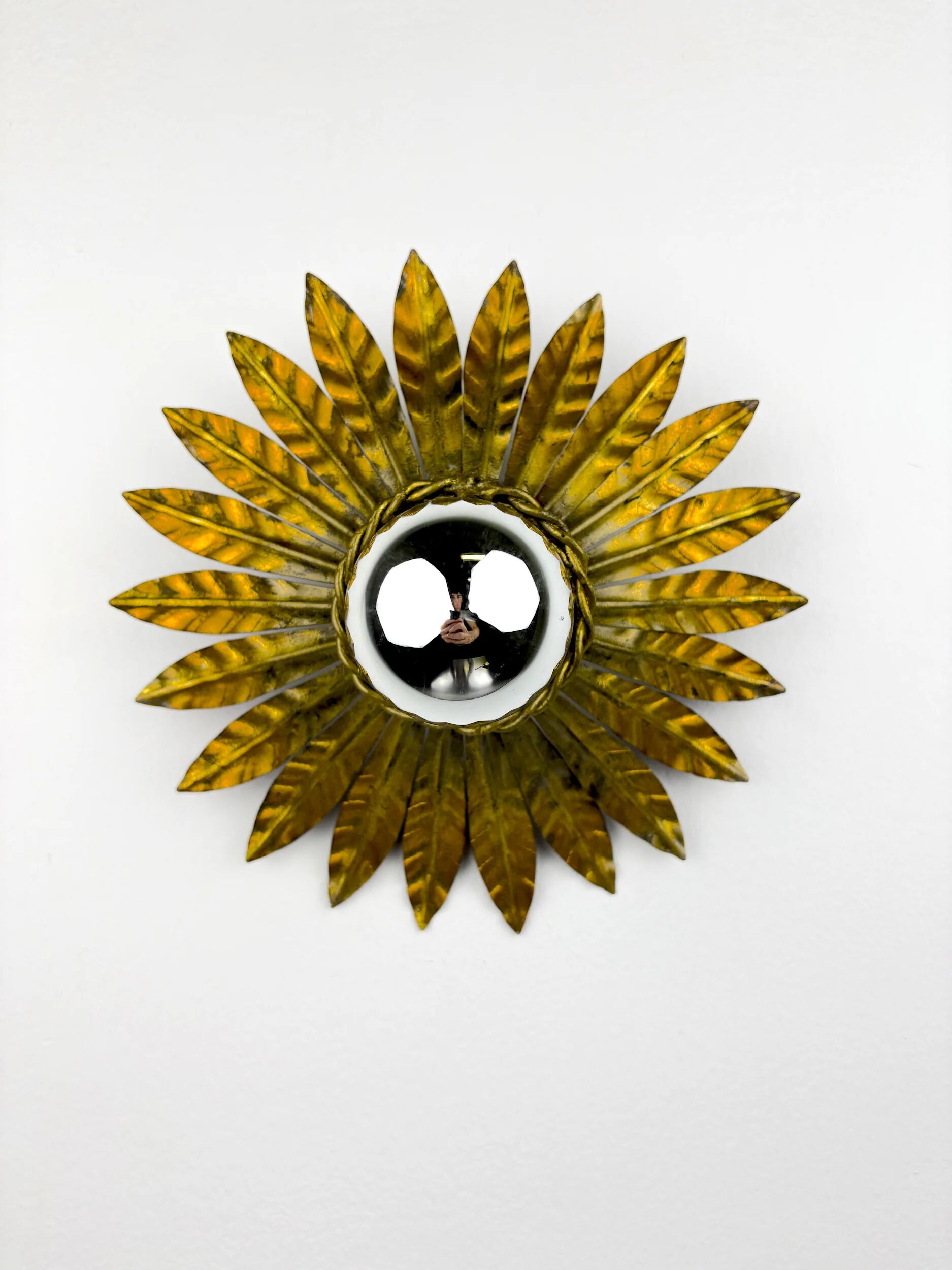 Spanish sunburst flush mount light fixture in gilt iron, circa 1960s