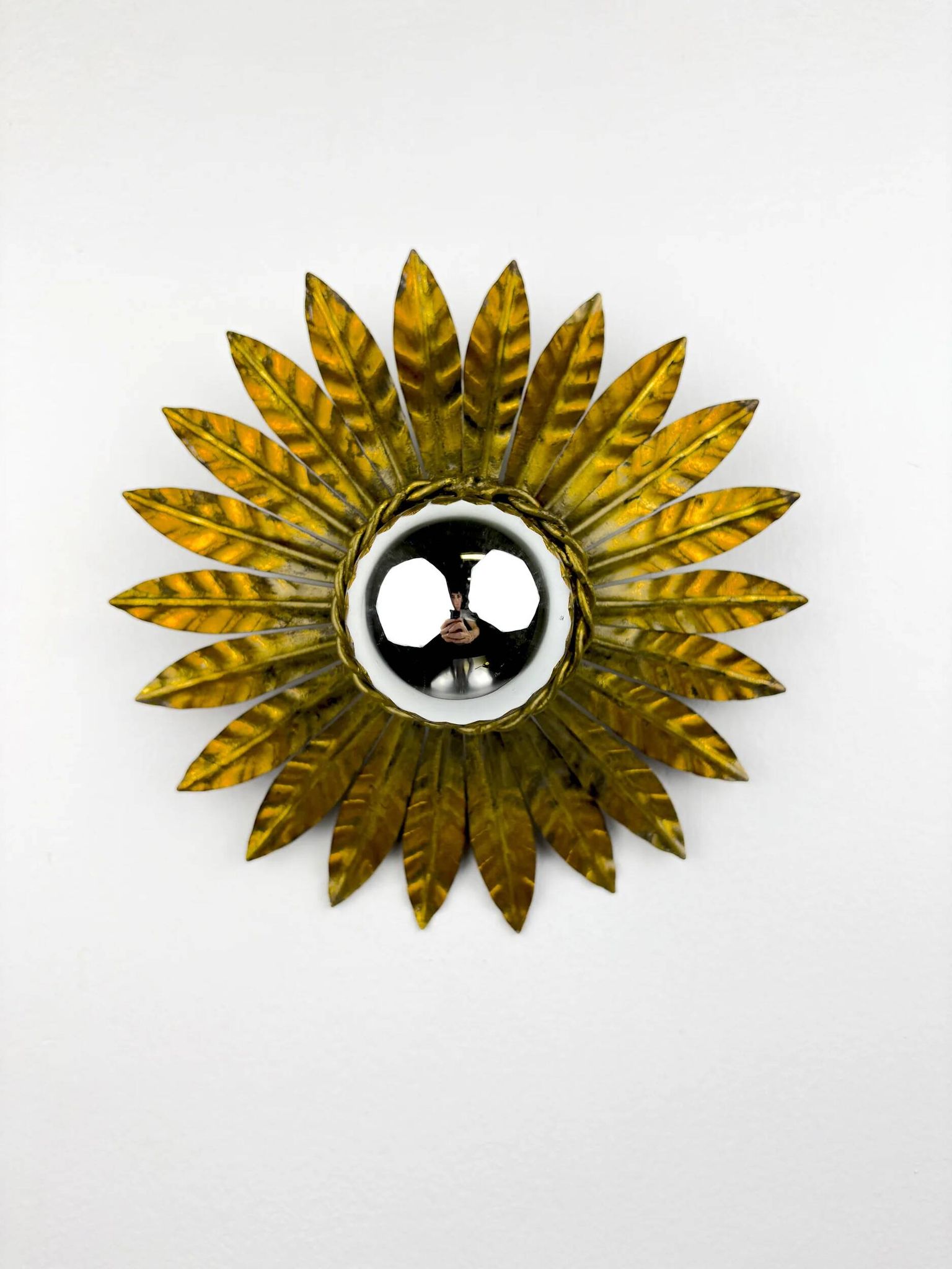 Spanish sunburst flush mount light fixture in gilt iron, circa 1960s