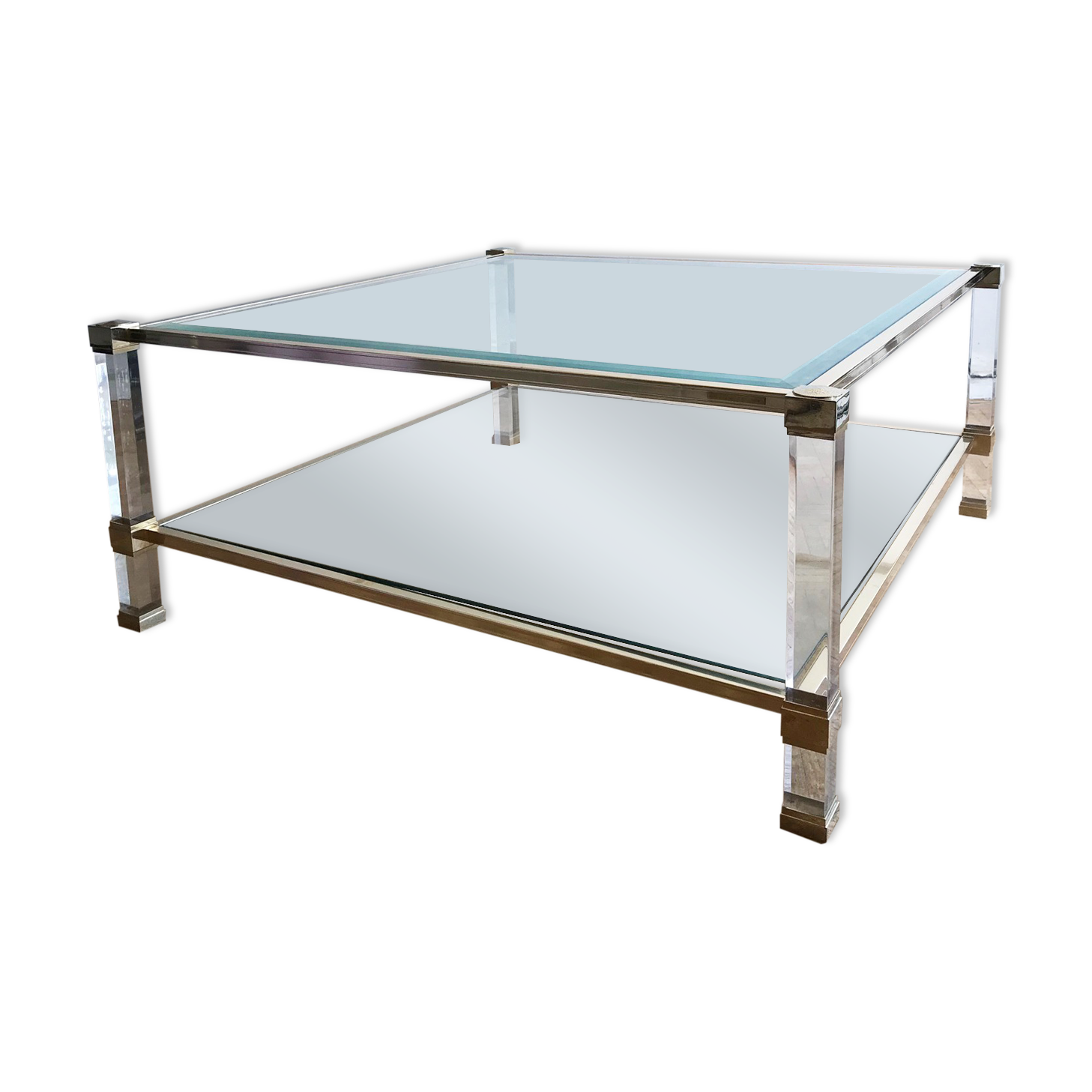 Square plexiglass coffee table, brass and glass Pierre Vandel