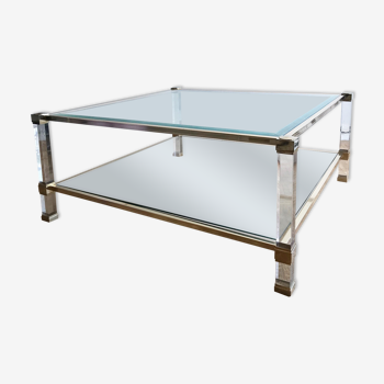 Square plexiglass coffee table, brass and glass Pierre Vandel