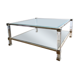 Square plexiglass coffee table, brass and glass Pierre Vandel