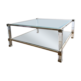 Table basse carrée plexiglas, laiton et verre Pierre Vandel