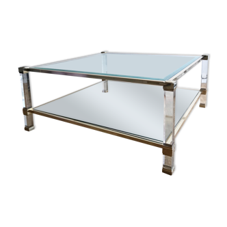 Square plexiglass coffee table, brass and glass Pierre Vandel
