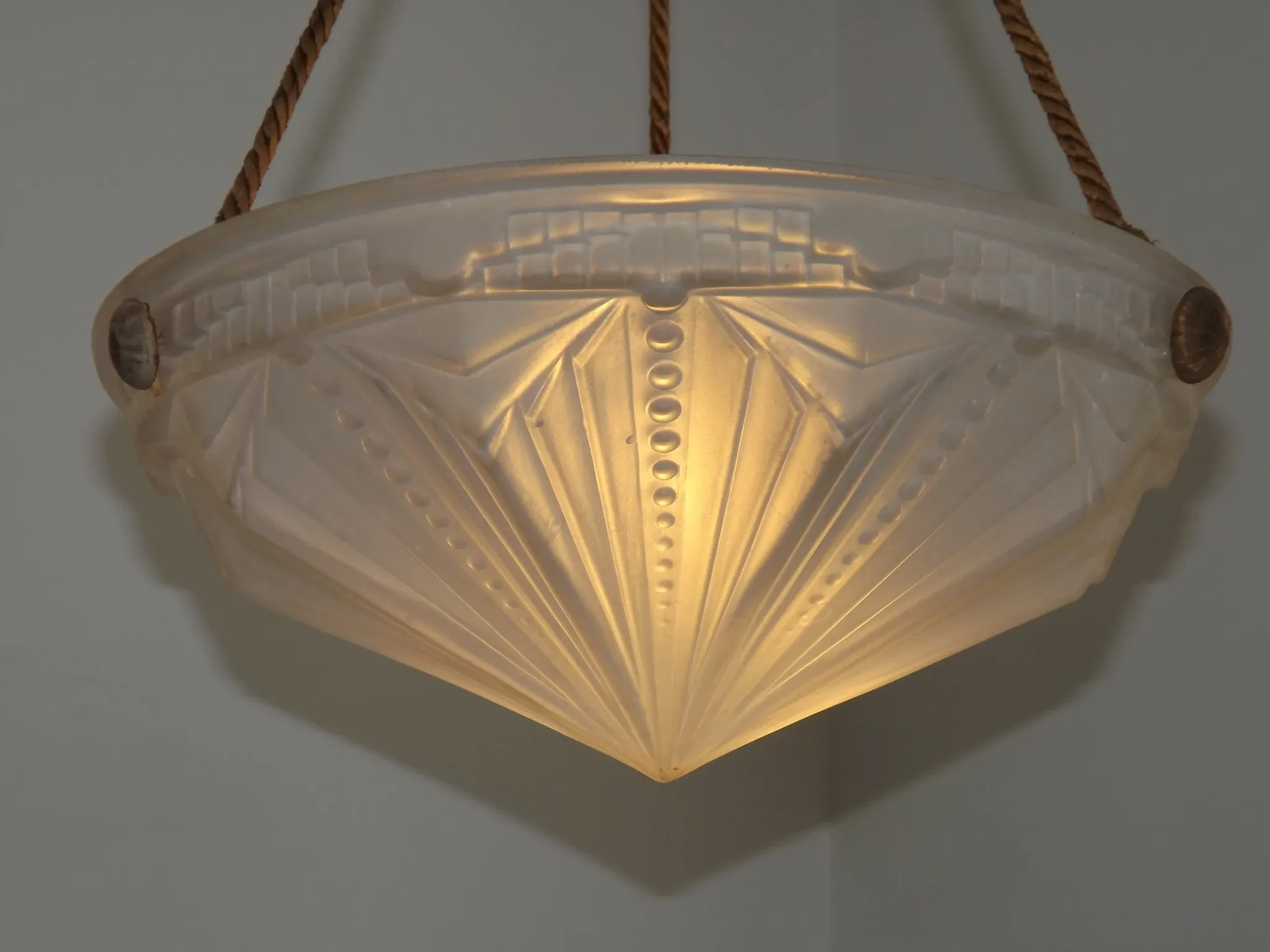 French Vintage Art Deco White Glass Abstract Platformier Ceiling LIght